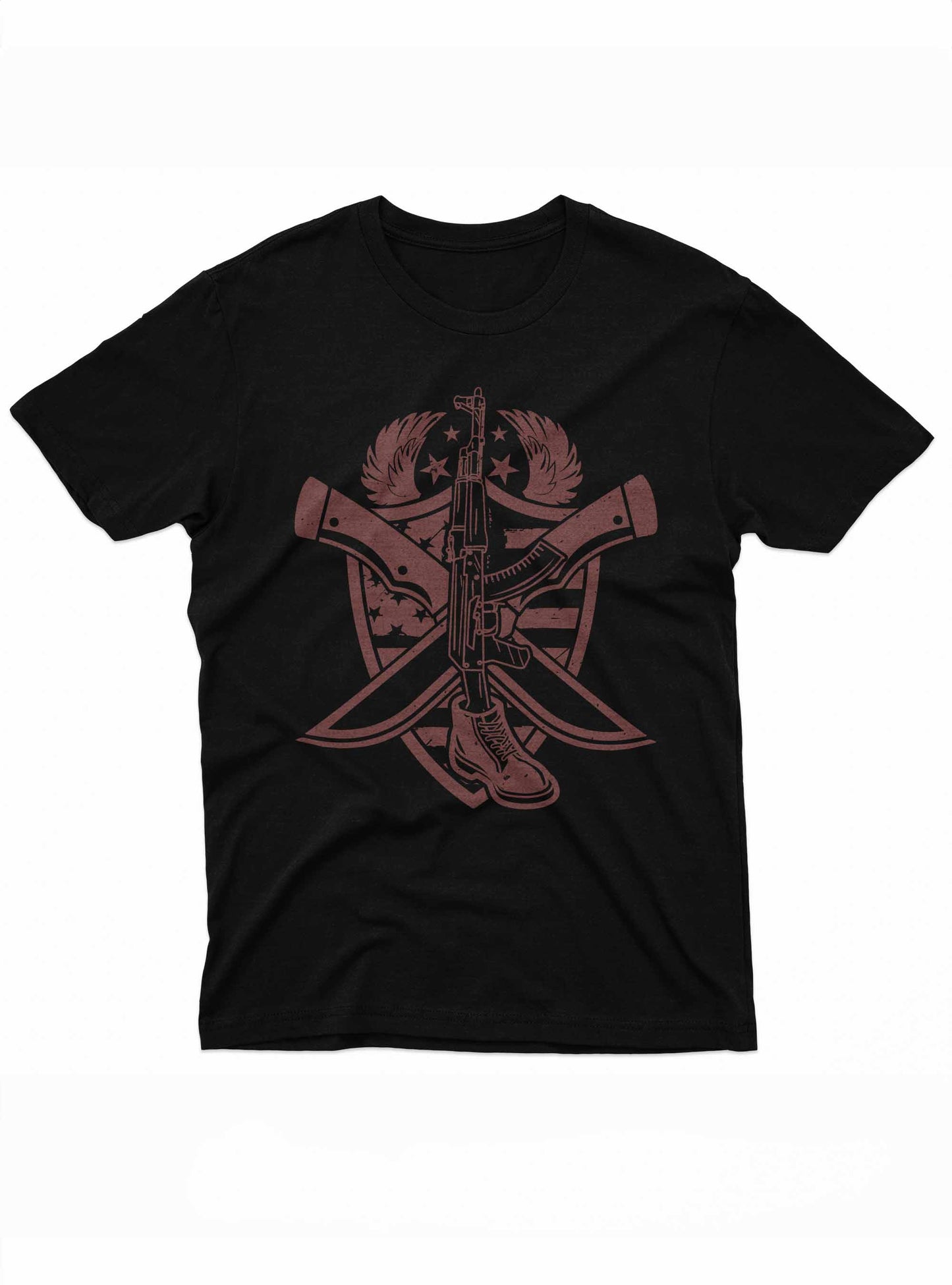 the t-shirt features an emblem with an ak-47 rifle, crossed machetes, and an american flag-inspired shield, all rendered in a dark red color.