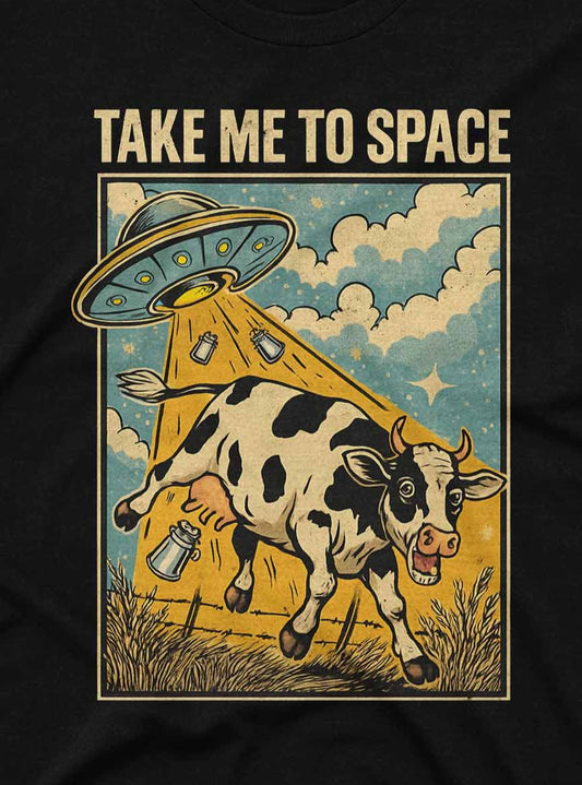 Vintage-inspired space scene with a cow levitating in a yellow tractor beam from a classic alien spaceship.