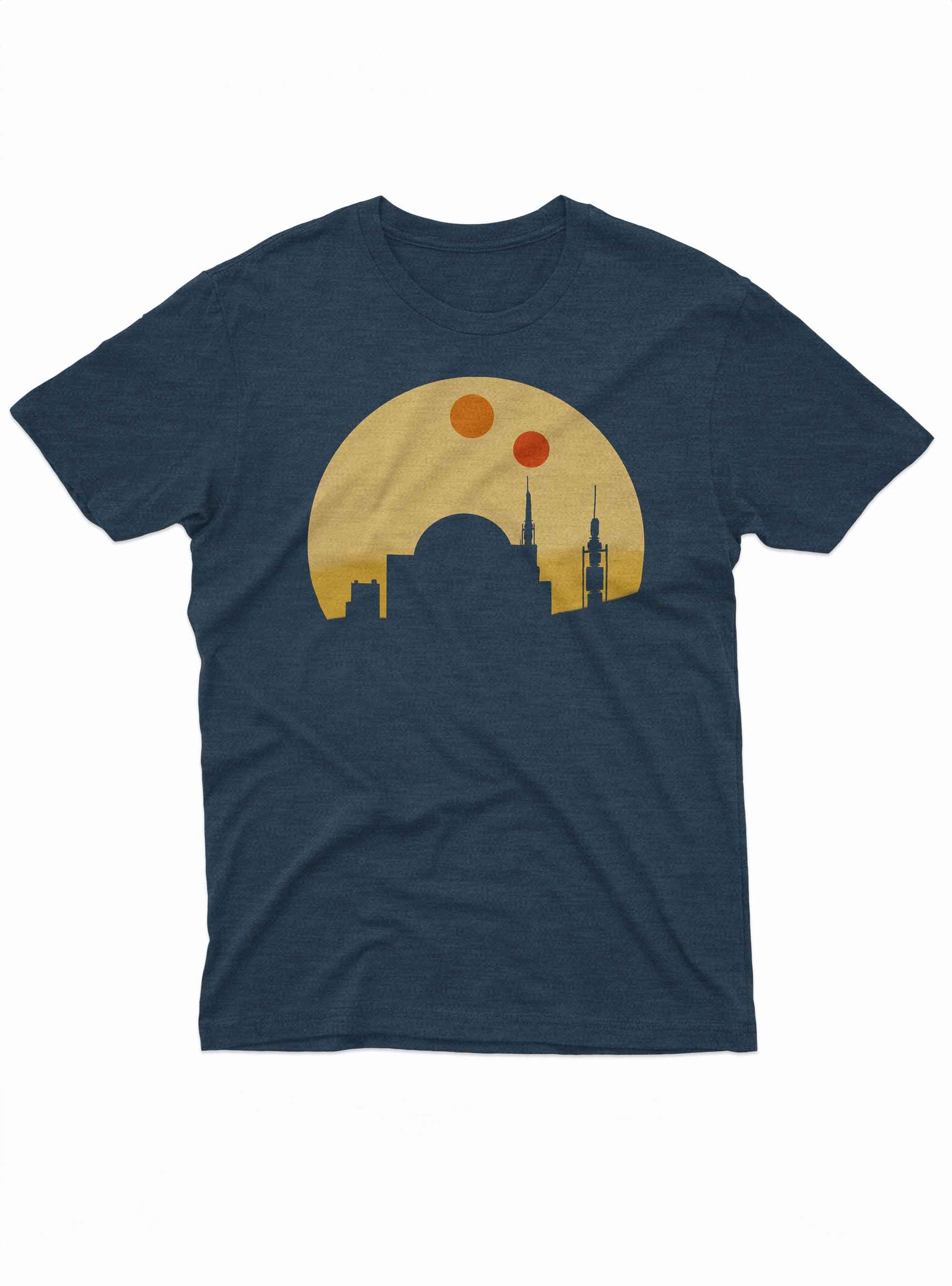 The shirt displays a minimalist Tatooine cityscape with two setting suns in retro colors.