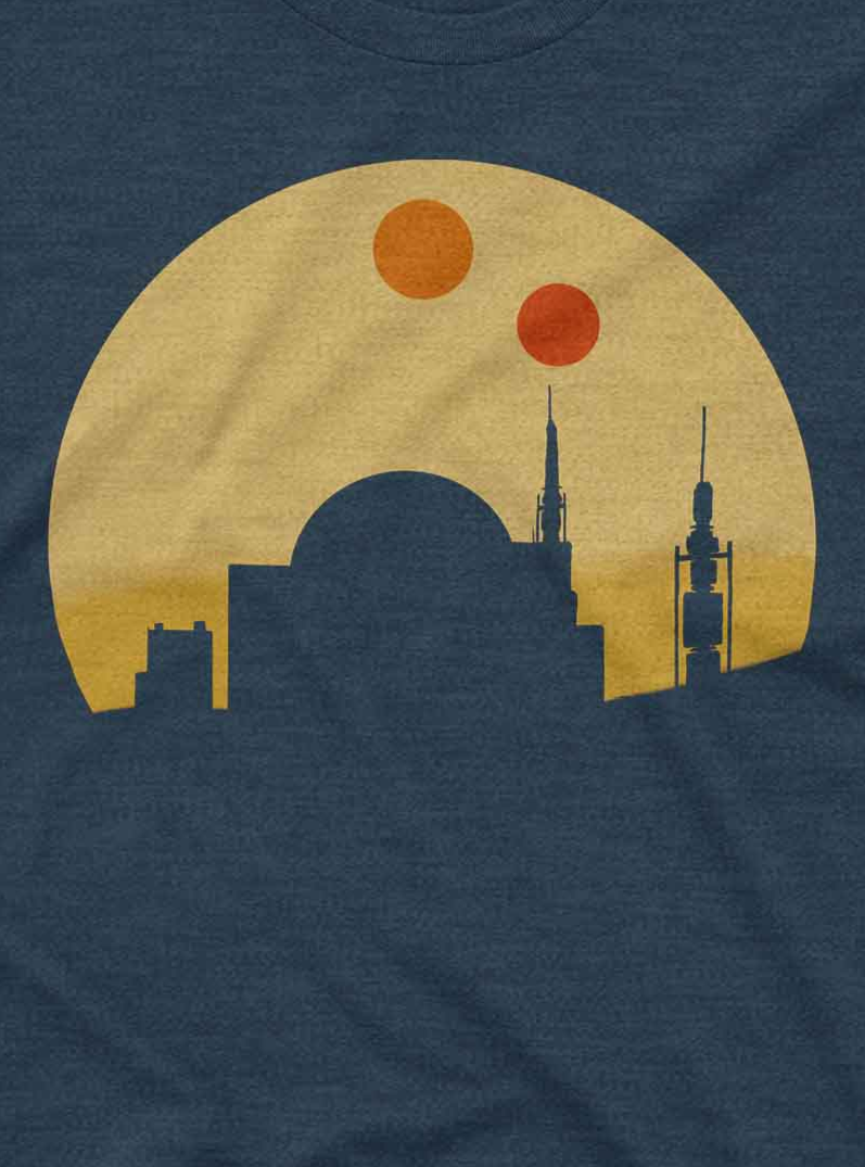 Simple yet bold Star Wars-inspired scene in orange and gold tones set against a deep blue shirt background.