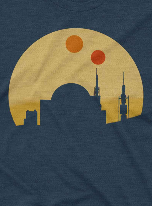 Simple yet bold Star Wars-inspired scene in orange and gold tones set against a deep blue shirt background.