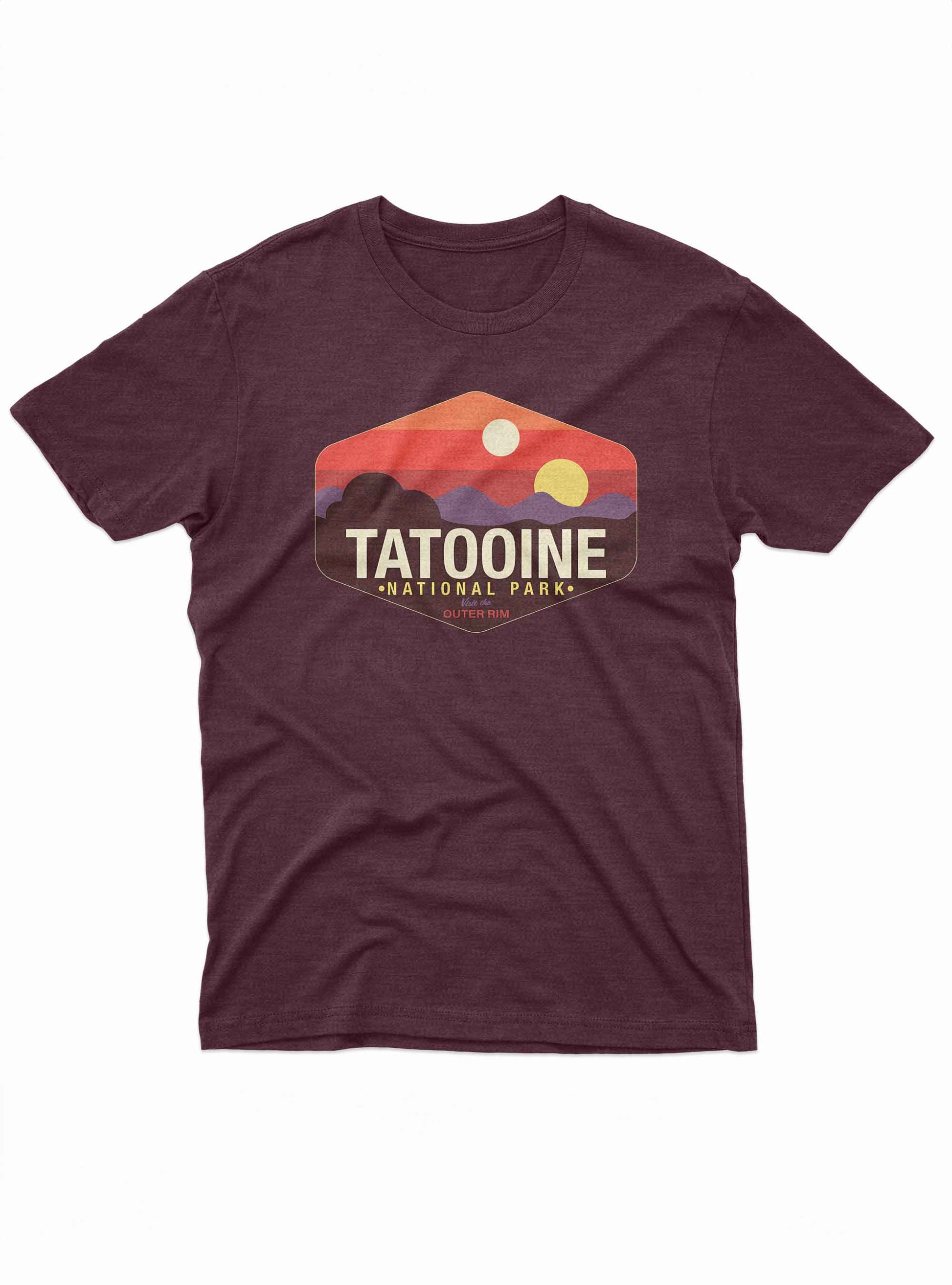 Burgundy Tatooine National Park t shirt with twin suns retro graphic