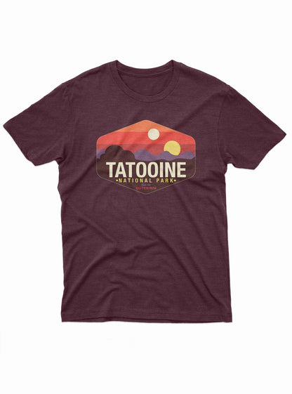 Burgundy Tatooine National Park t shirt with twin suns retro graphic