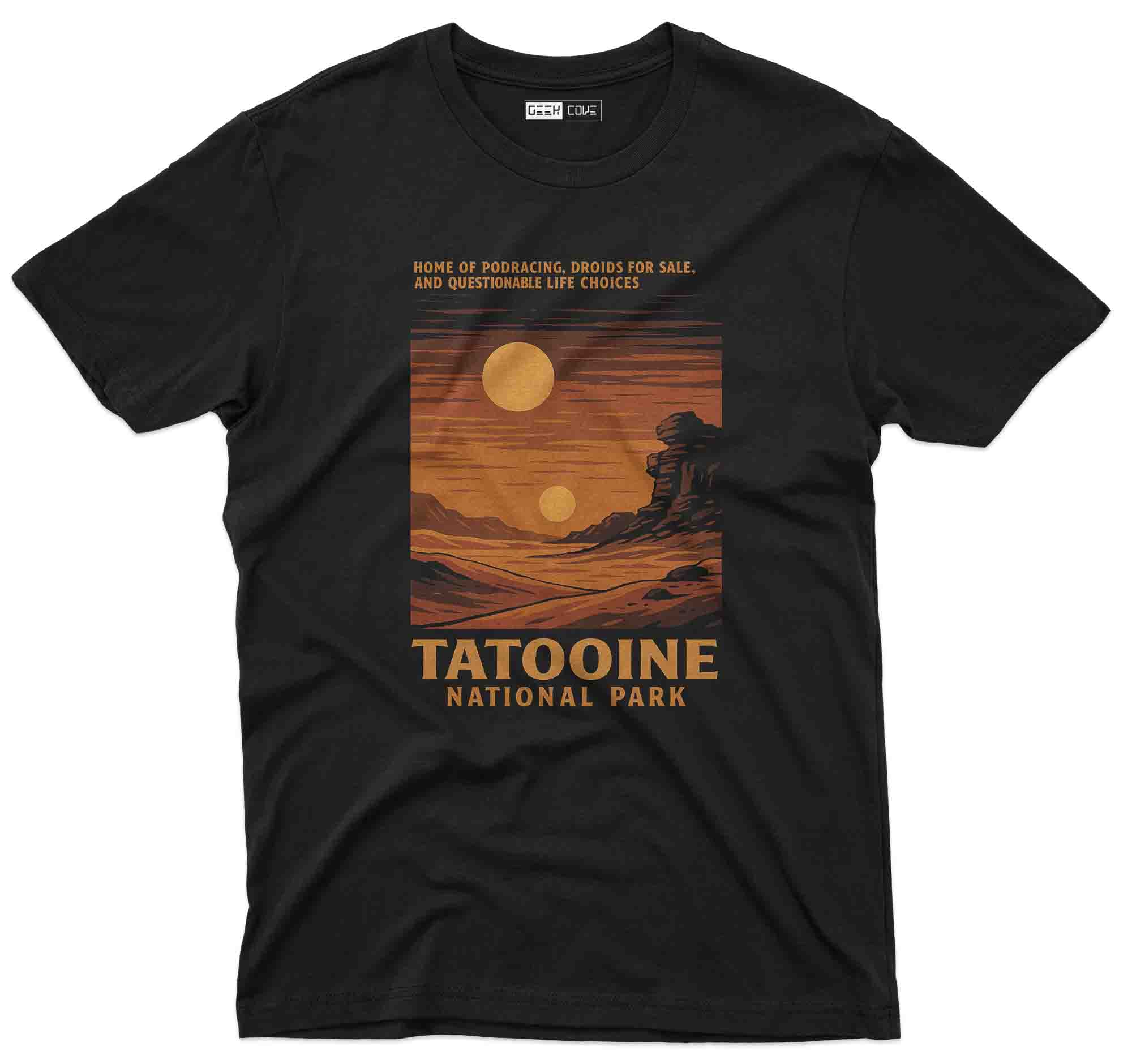 Vintage sci fi desert graphic printed on black custom T shirt