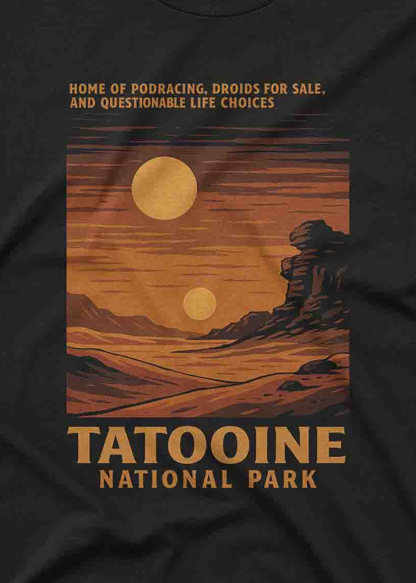 Vintage sci fi desert graphic printed on black custom T shirt