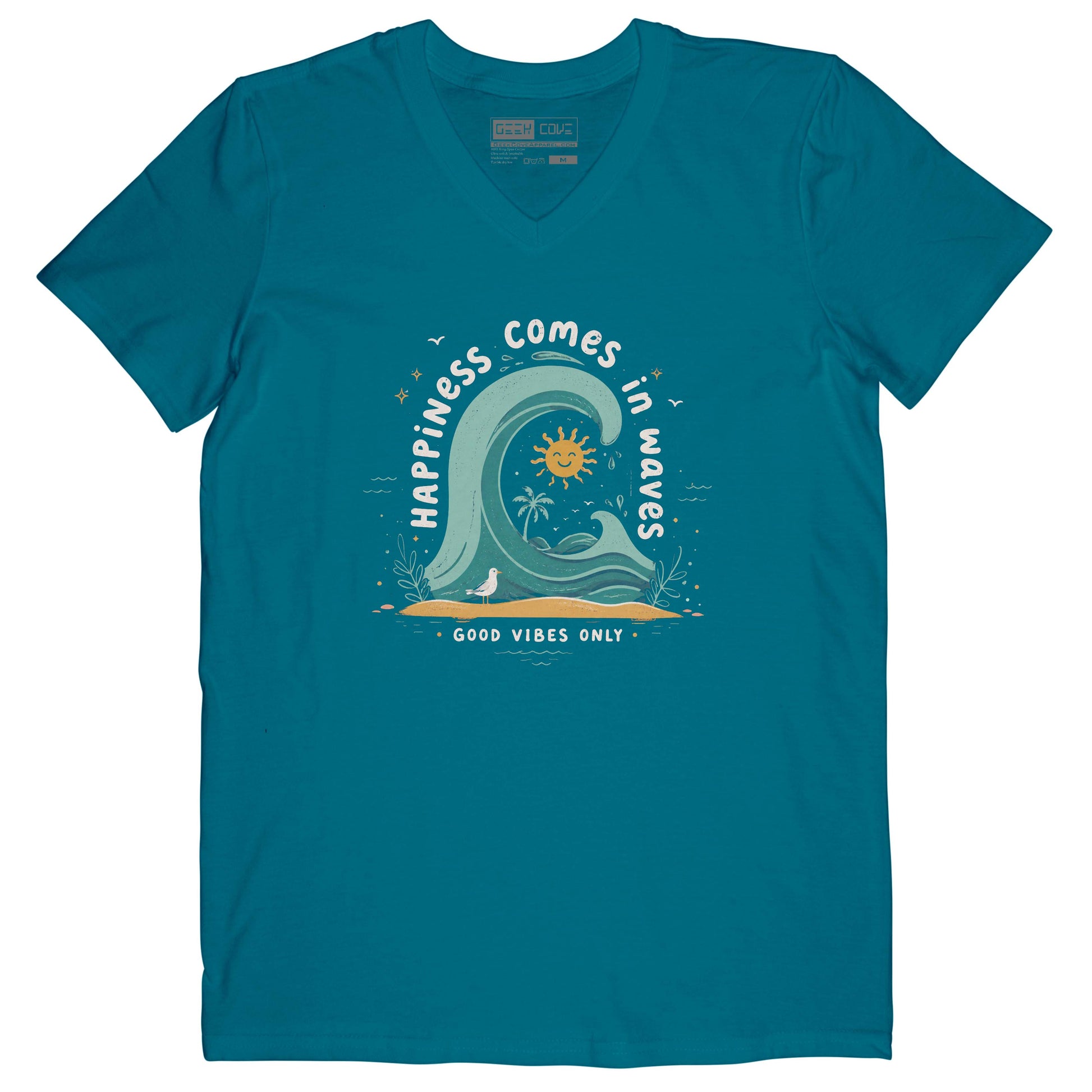 Women’s teal V-neck T Shirt with ocean wave, sun, palm tree, and Happiness Comes in Waves design