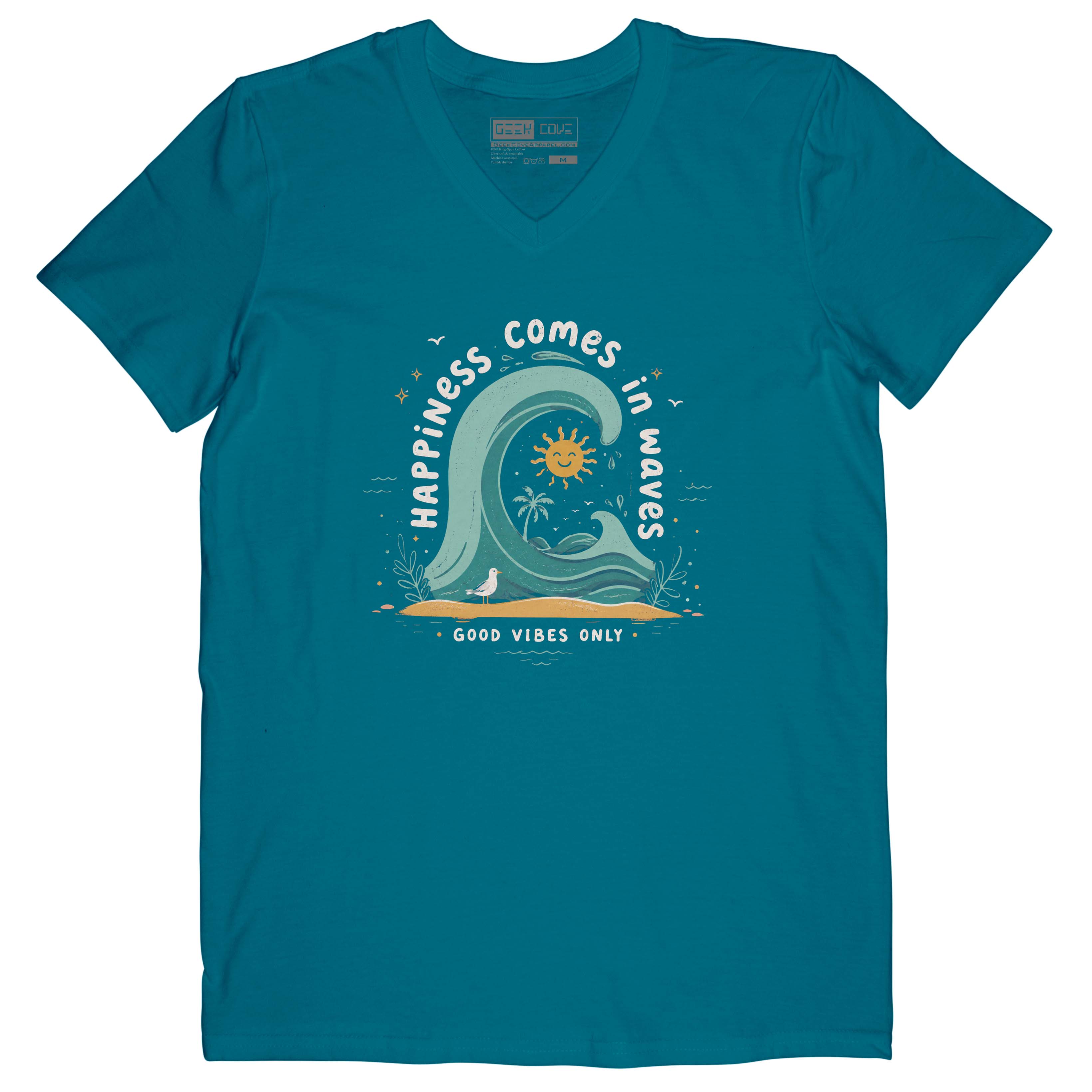 Women’s teal V-neck T Shirt with ocean wave, sun, palm tree, and Happiness Comes in Waves design