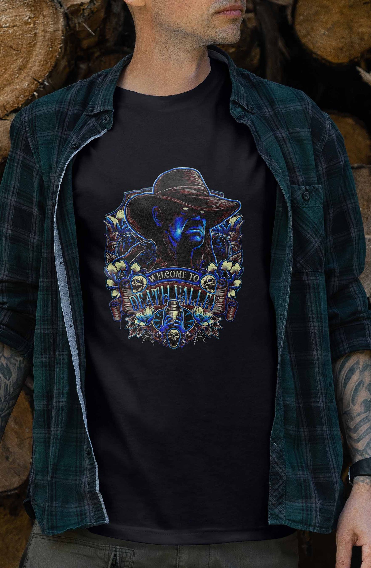 eerie western-themed t-shirt showcasing a spectral cowboy in vibrant blue, perfect for halloween festivities