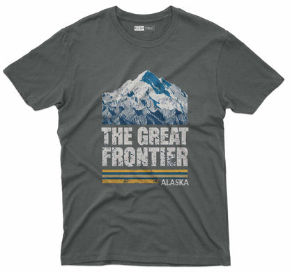 The Great Frontier Alaska graphic tee featuring rugged mountain landscape artwork