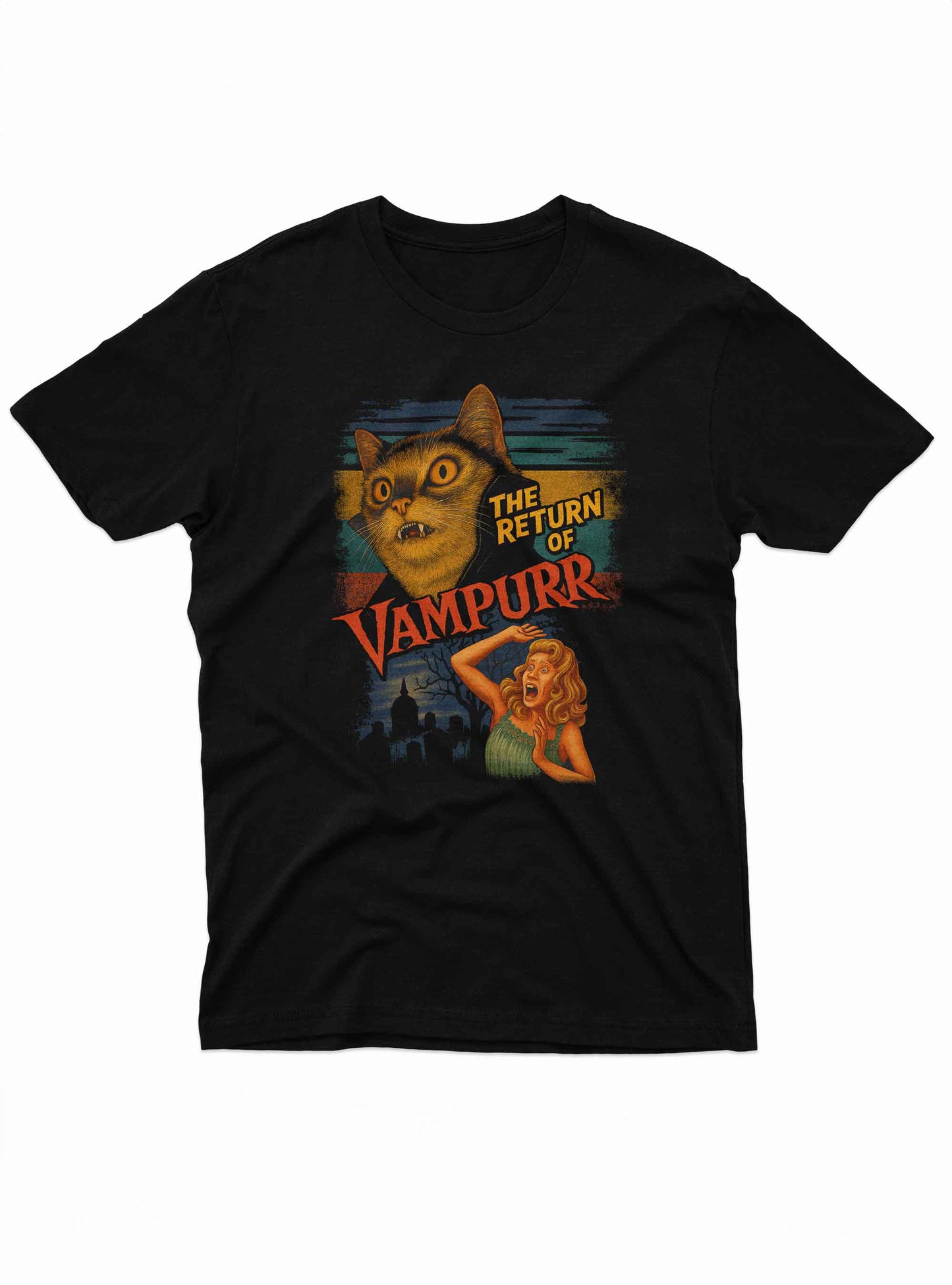 a black t-shirt featuring a dramatic orange-eyed cat with vampire fangs, styled like a retro horror movie poster.