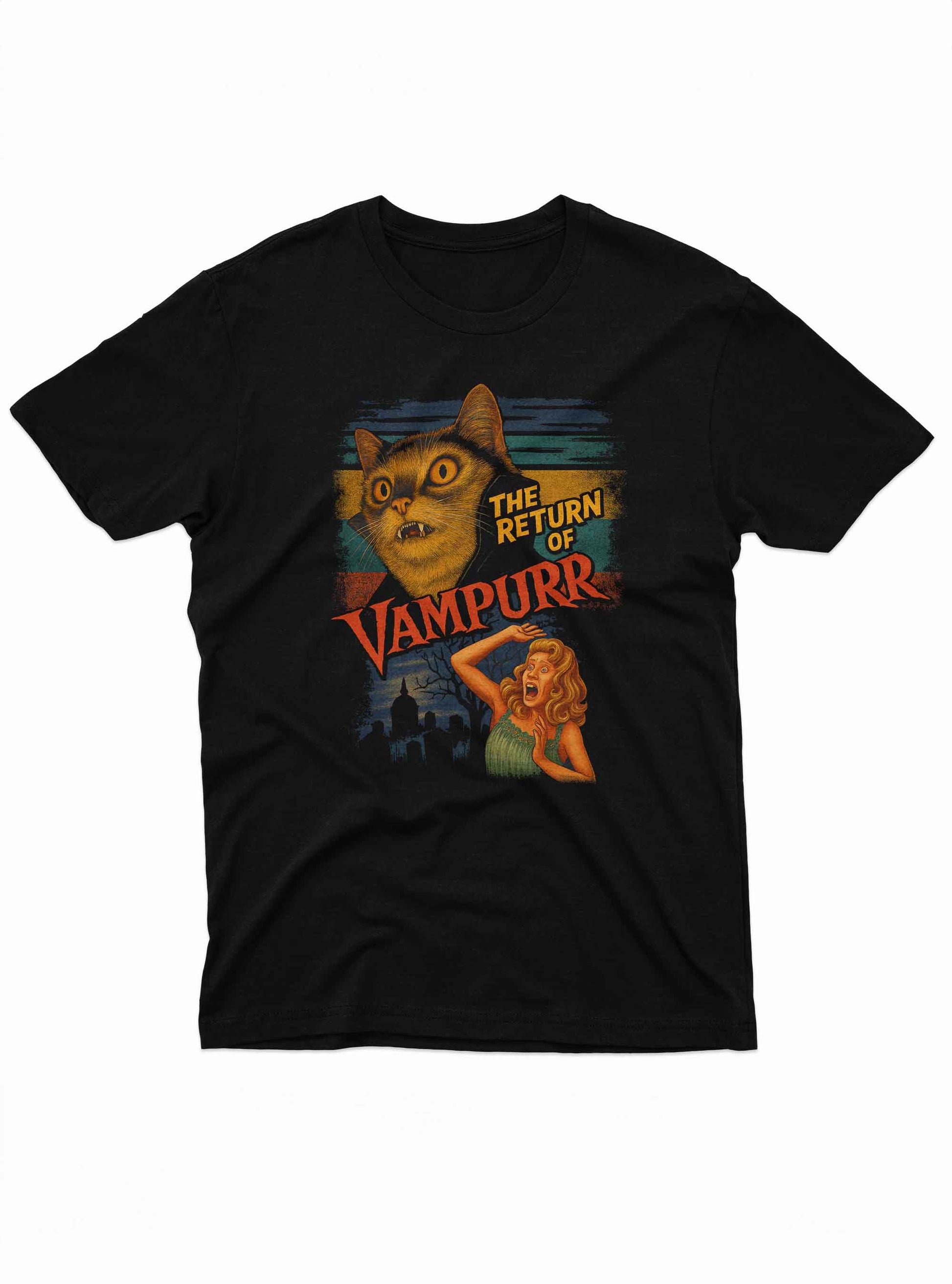A black t-shirt featuring a dramatic orange-eyed cat with vampire fangs, styled like a retro horror movie poster.