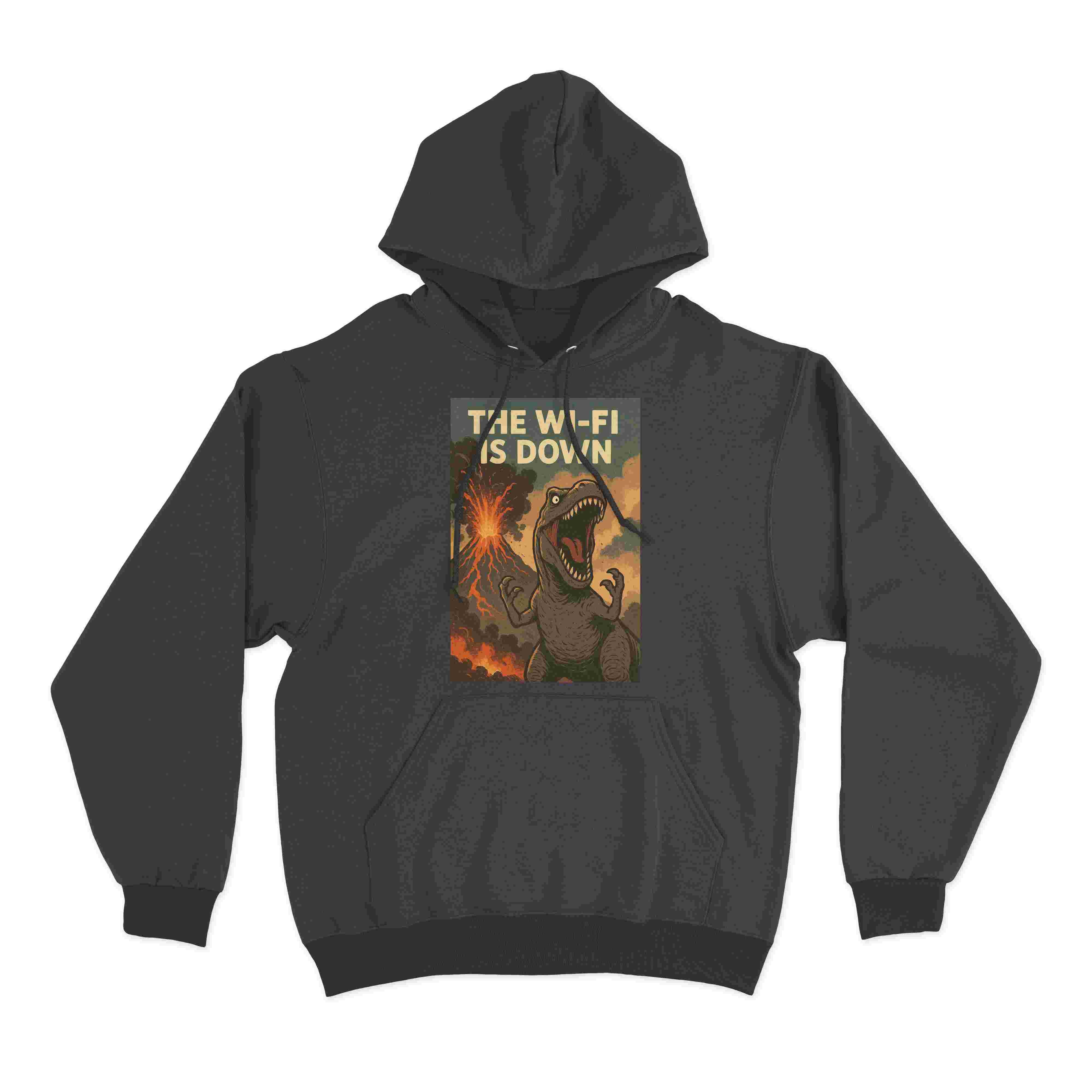 Funny dinosaur graphic hoodie with The Wi-Fi Is Down design