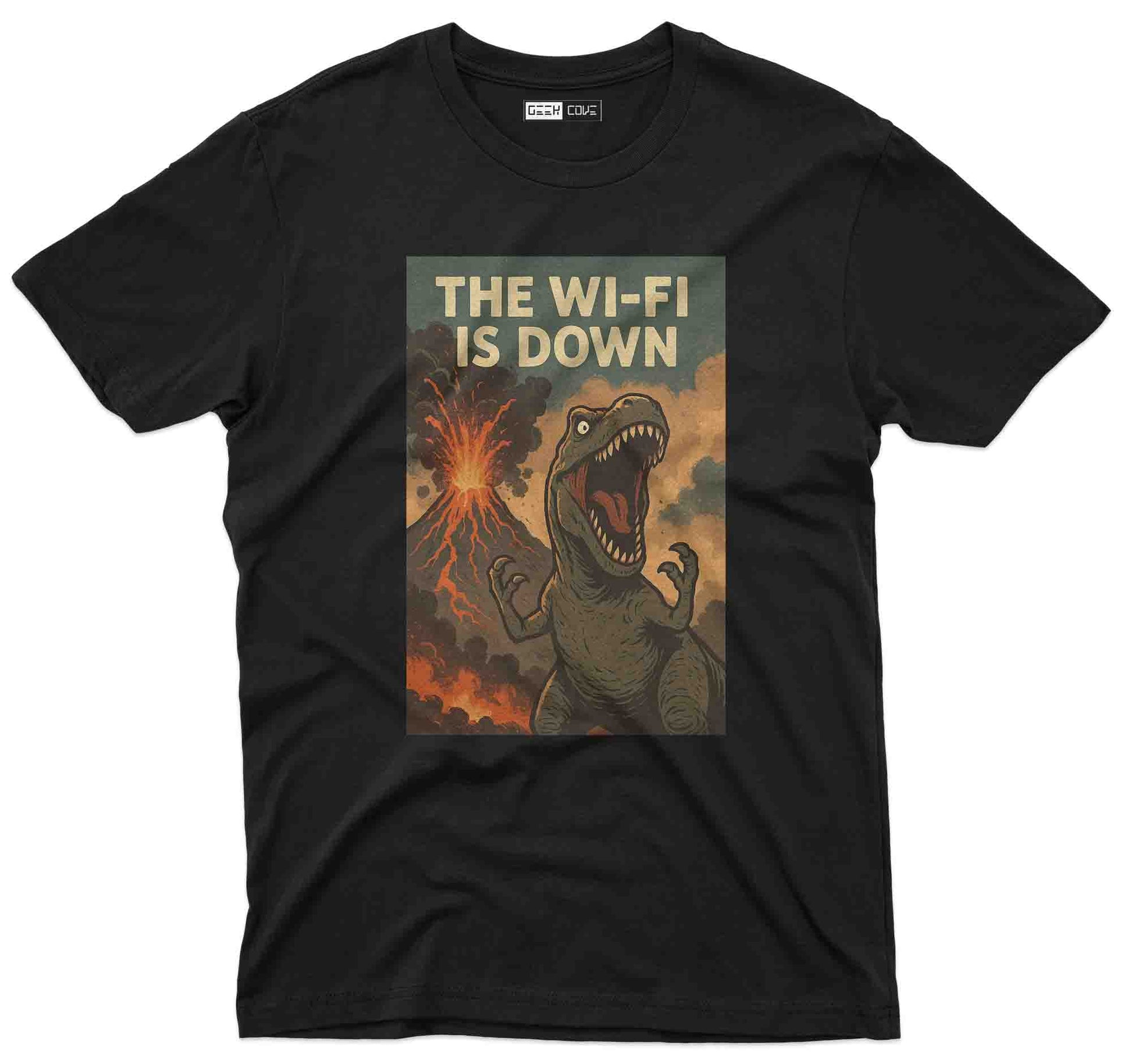 Funny dinosaur graphic T shirt with The Wi-Fi Is Down text