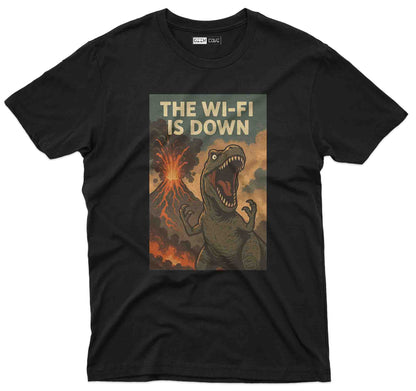 Funny dinosaur graphic T shirt with The Wi-Fi Is Down text