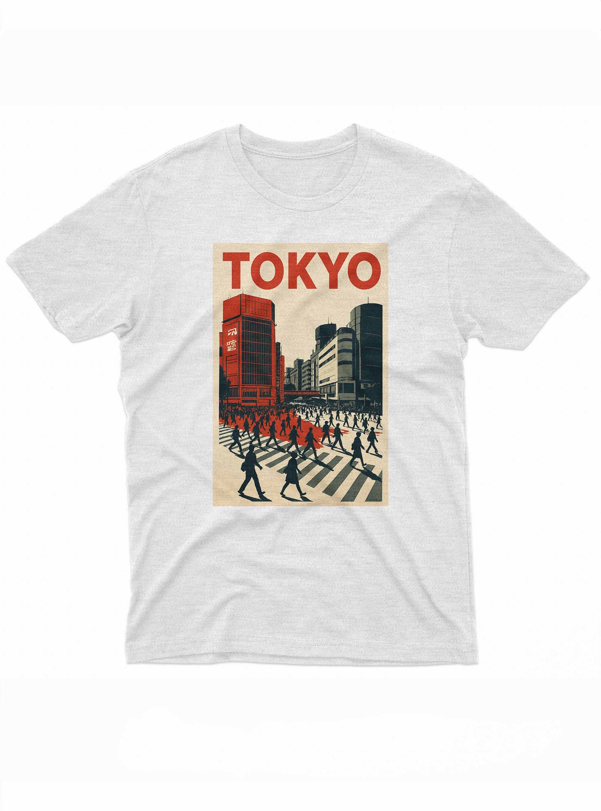 Graphic t-shirt with vintage-style Tokyo crosswalk and city buildings in red and black tones.