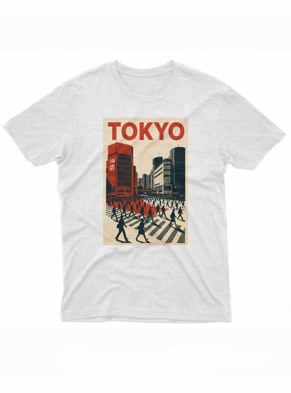 Graphic t-shirt with vintage-style Tokyo crosswalk and city buildings in red and black tones.