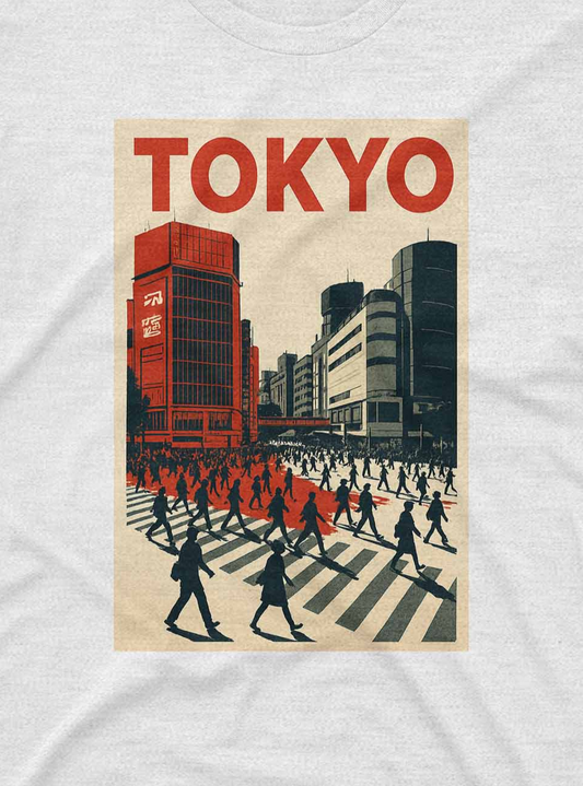 Retro Japanese poster design showing a crowd crossing the iconic Tokyo street.