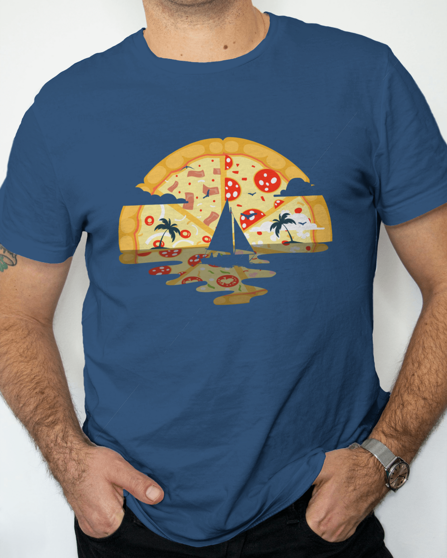 the t-shirt showcases a creative illustration where the segments of a pizza slice become parts of a beach scene. the cheese and toppings subtly transform into sand, while tomatoes turn into sunsets and pepperoni into palm trees, all set on a navy background.