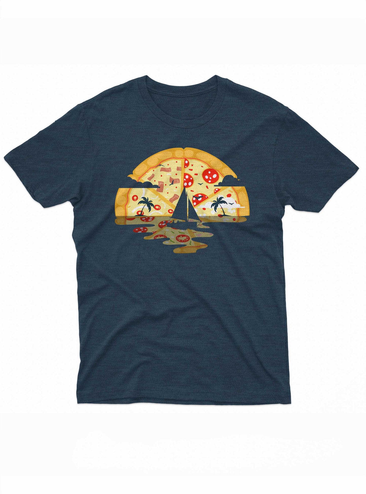 this image features a dark navy t-shirt with a unique design that blends a pizza slice with a tropical beach scene. the top part of the pizza transitions into a beach with palm trees against a sunset backdrop, creating a playful and imaginative visual.