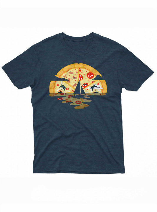 This image features a dark navy t-shirt with a unique design that blends a pizza slice with a tropical beach scene. The top part of the pizza transitions into a beach with palm trees against a sunset backdrop, creating a playful and imaginative visual.