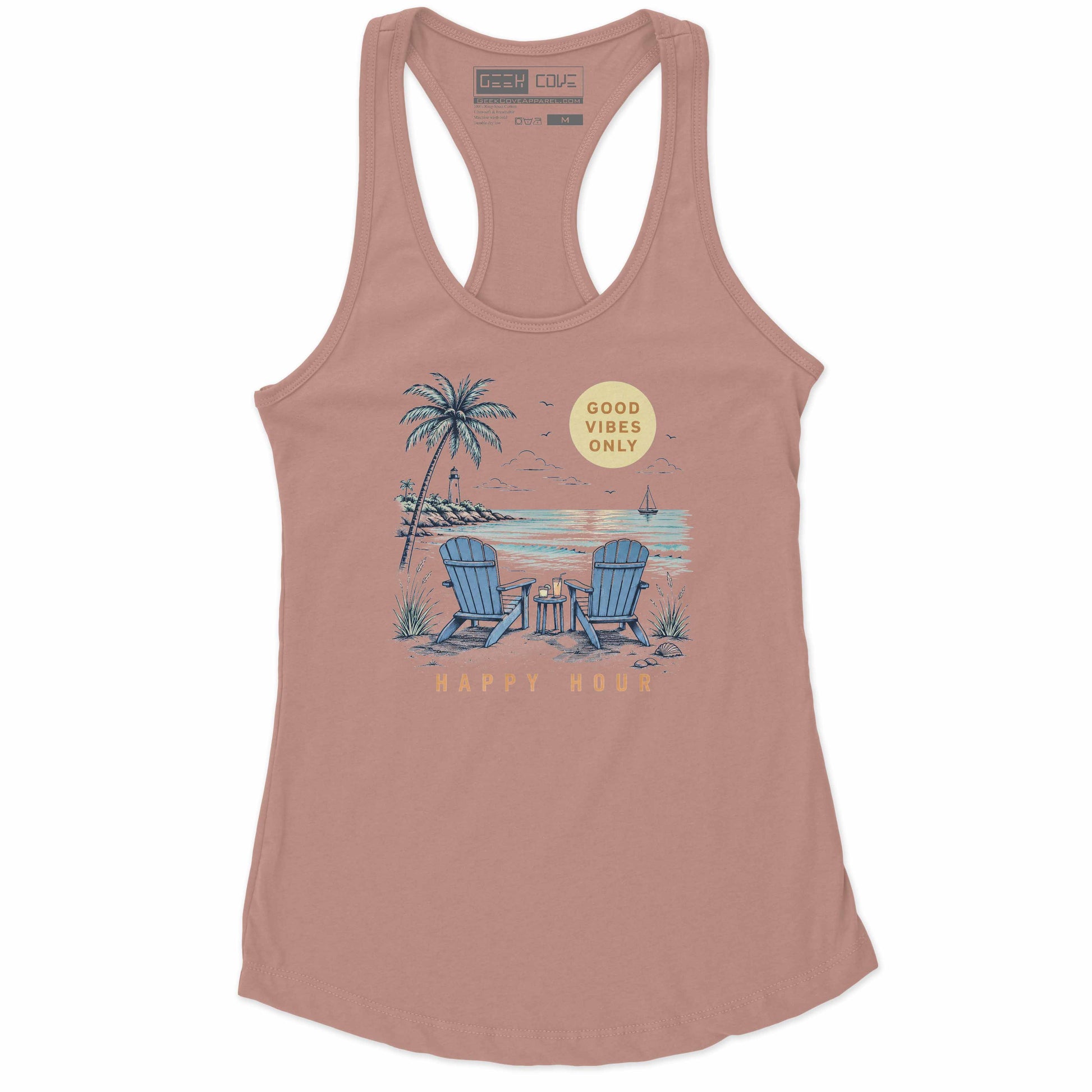 Women’s graphic tee with coastal sunset, sailboat, palm trees, and Happy Hour text
