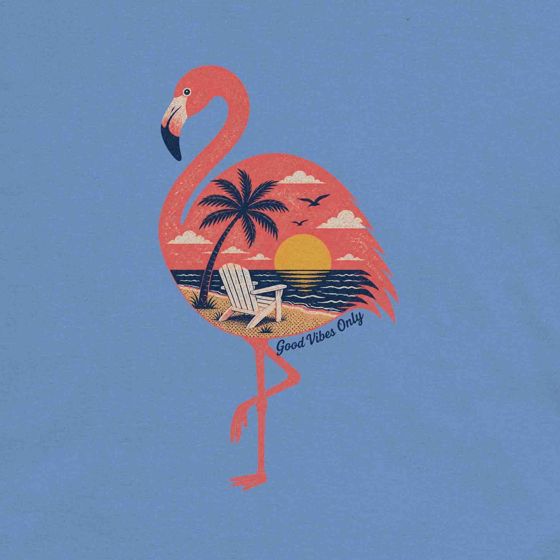 Stylish flamingo graphic tee for women with vintage sunset tropical print