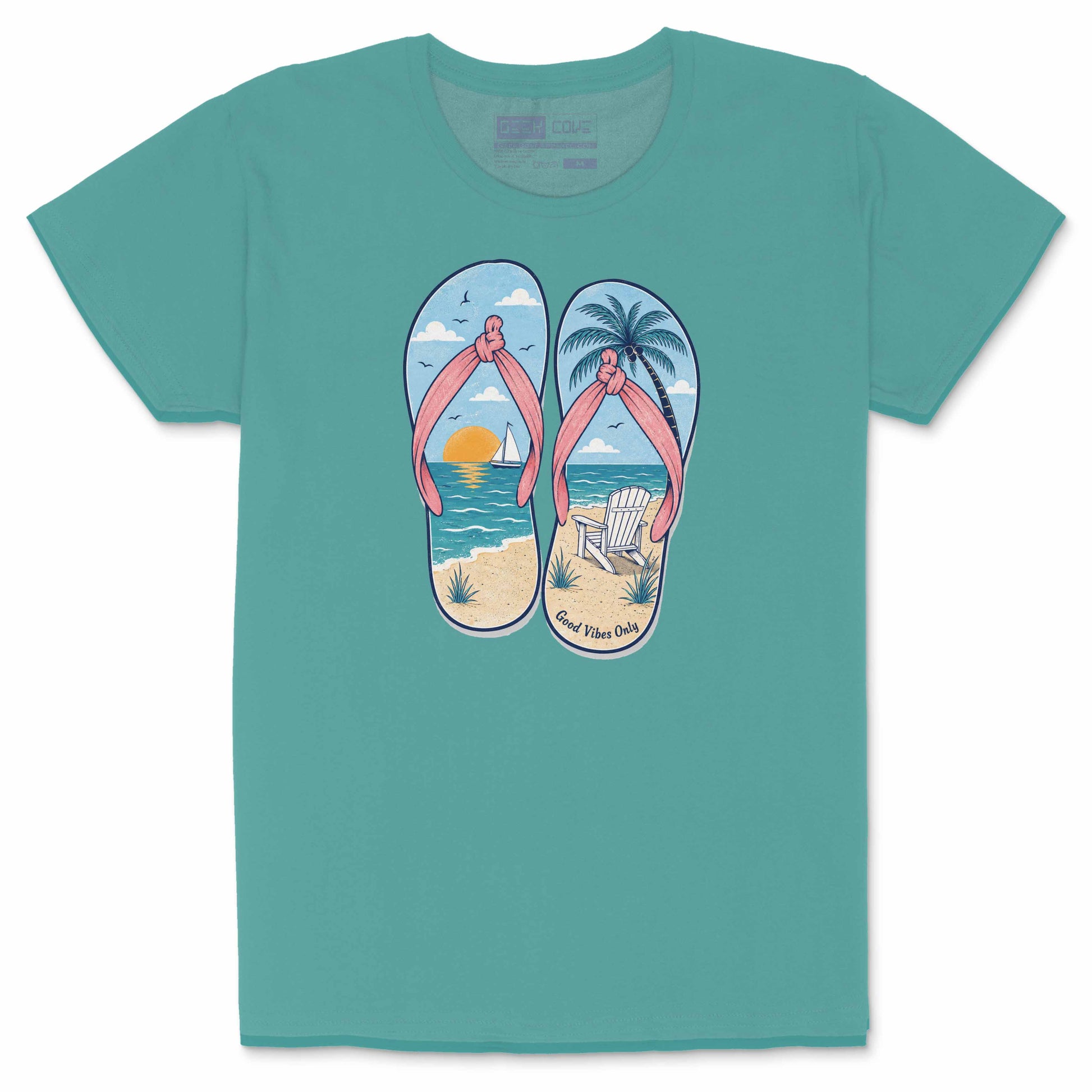 Pink summer tee shirt for women with tropical flip flops, beach chair, palm tree, and ocean sunset design