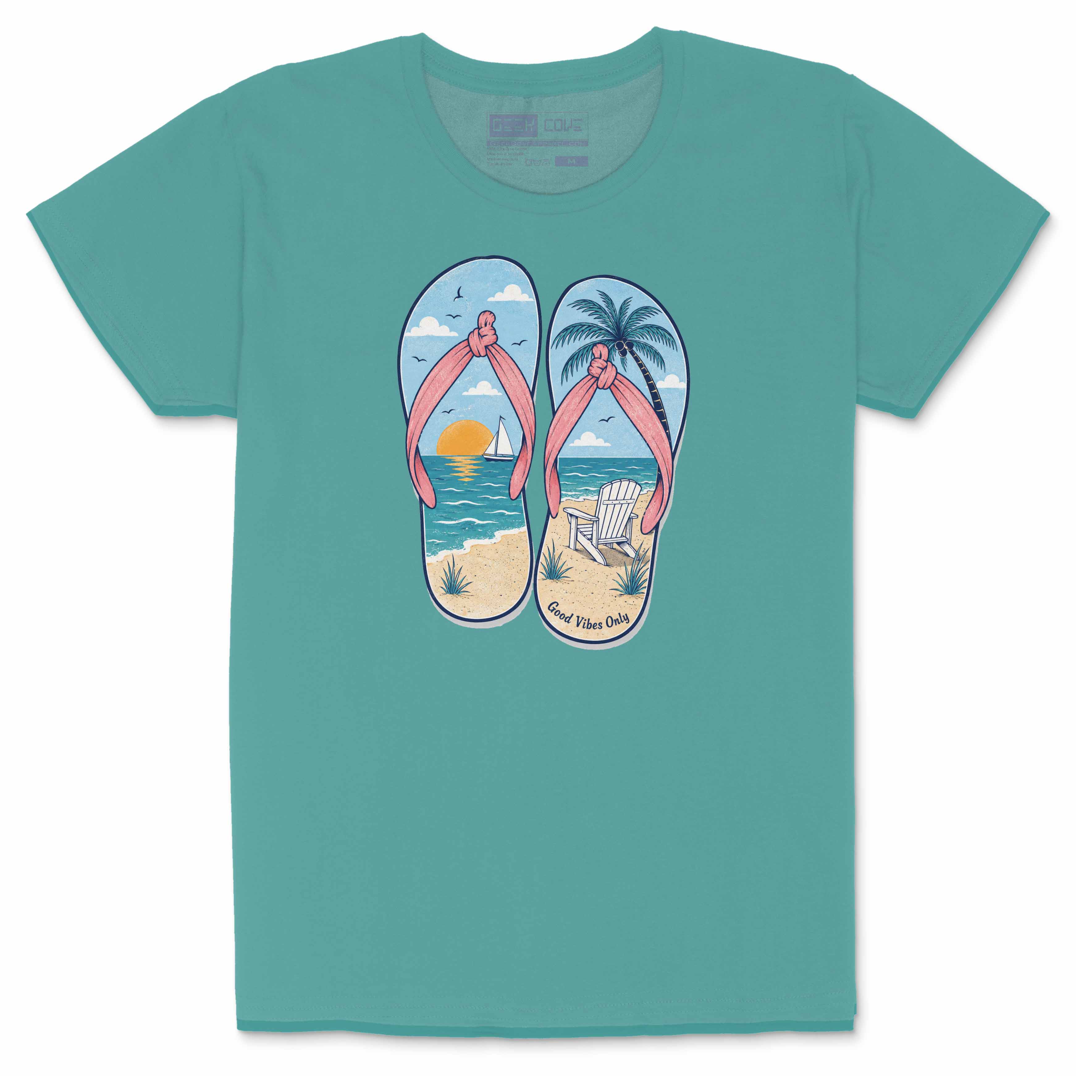 Pink summer tee shirt for women with tropical flip flops, beach chair, palm tree, and ocean sunset design