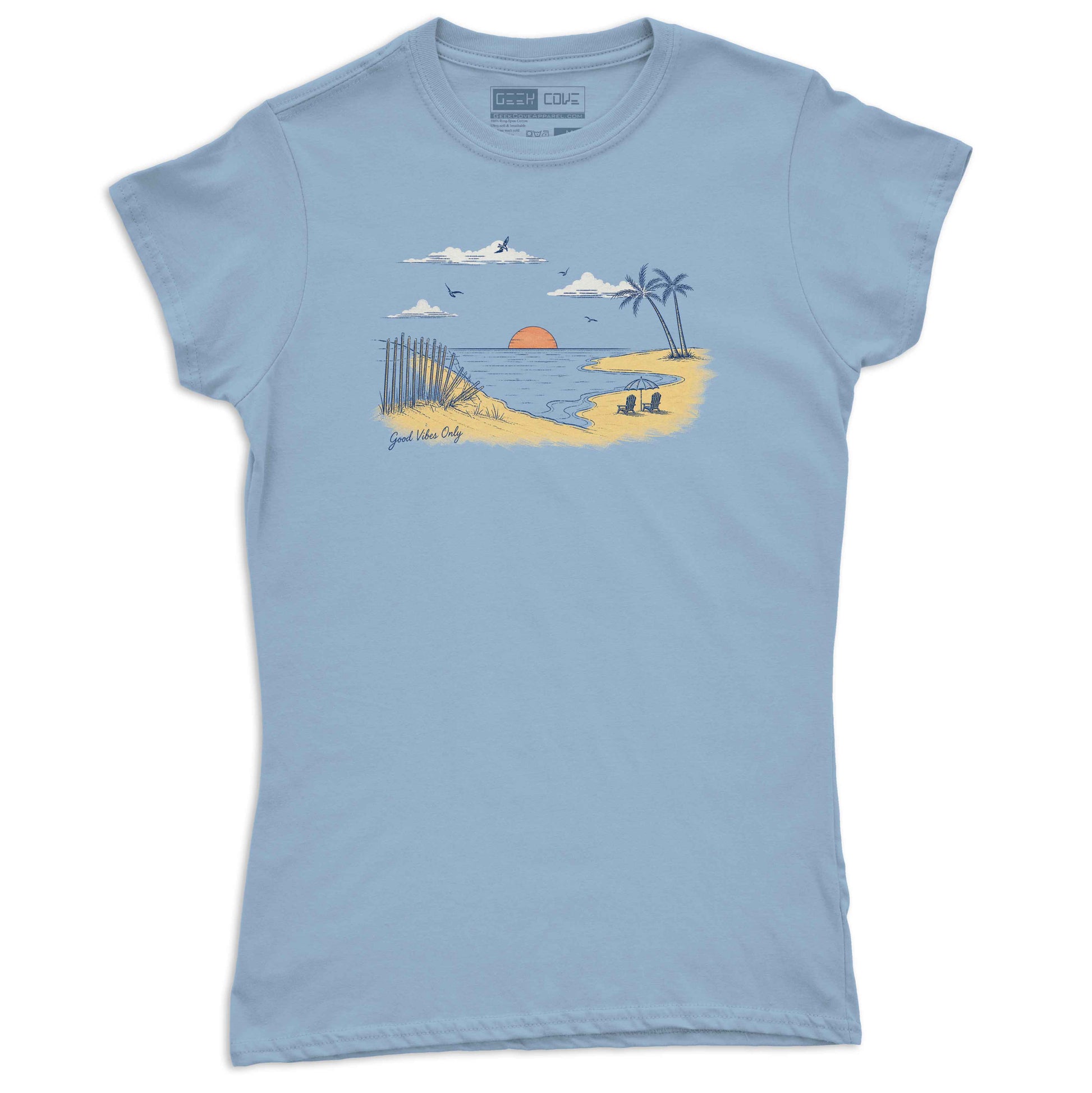 Stylish women coastal graphic tee with relaxing seaside sunset and beach vacation design