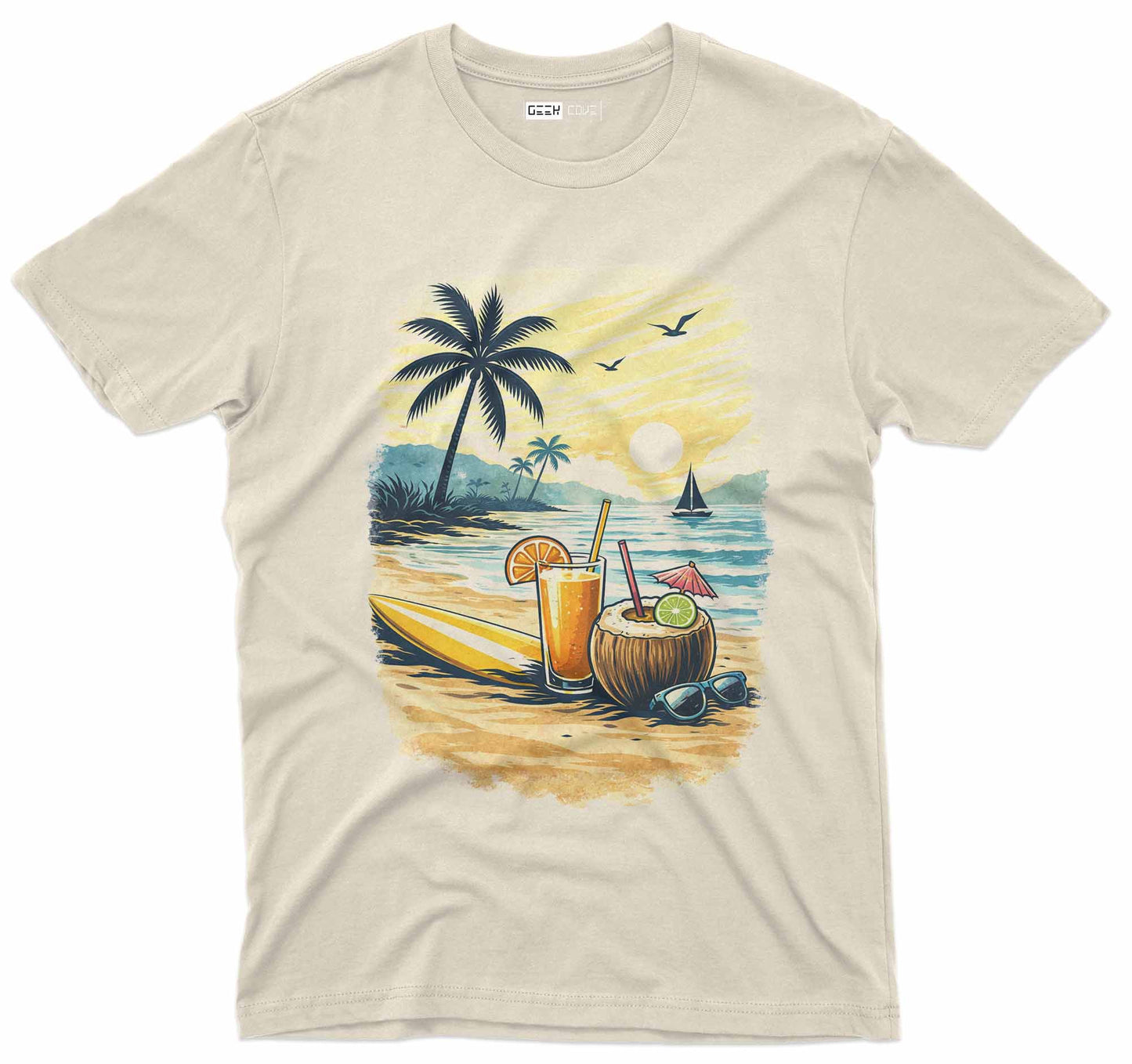 unisex tropical graphic tee featuring sunset beach art, palm trees, and island drinks