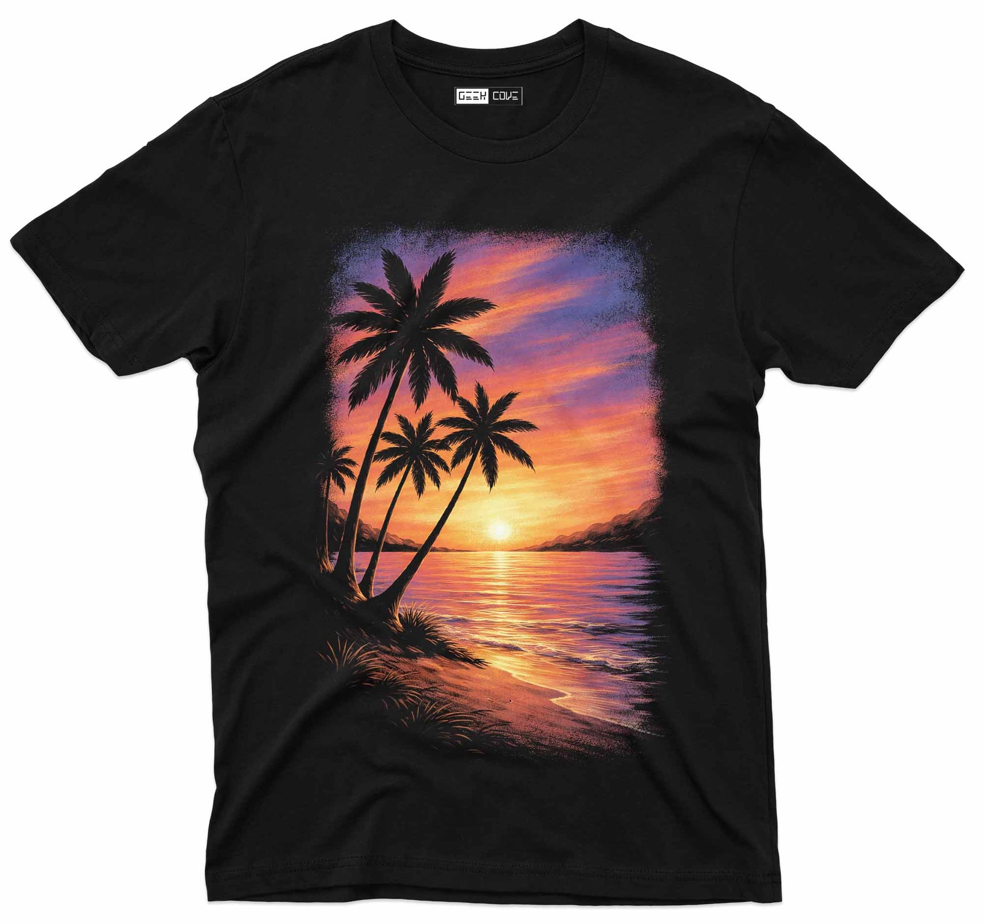 Tropical sunset graphic tee featuring palm trees by the ocean shoreline