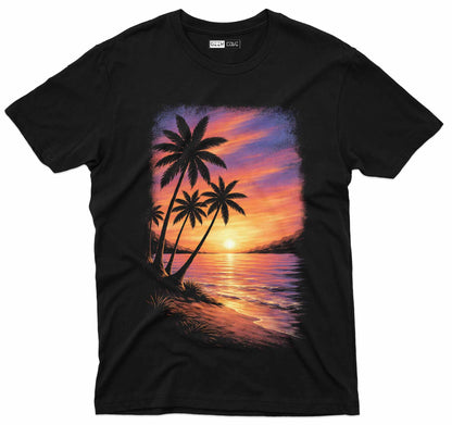 Tropical sunset graphic tee featuring palm trees by the ocean shoreline