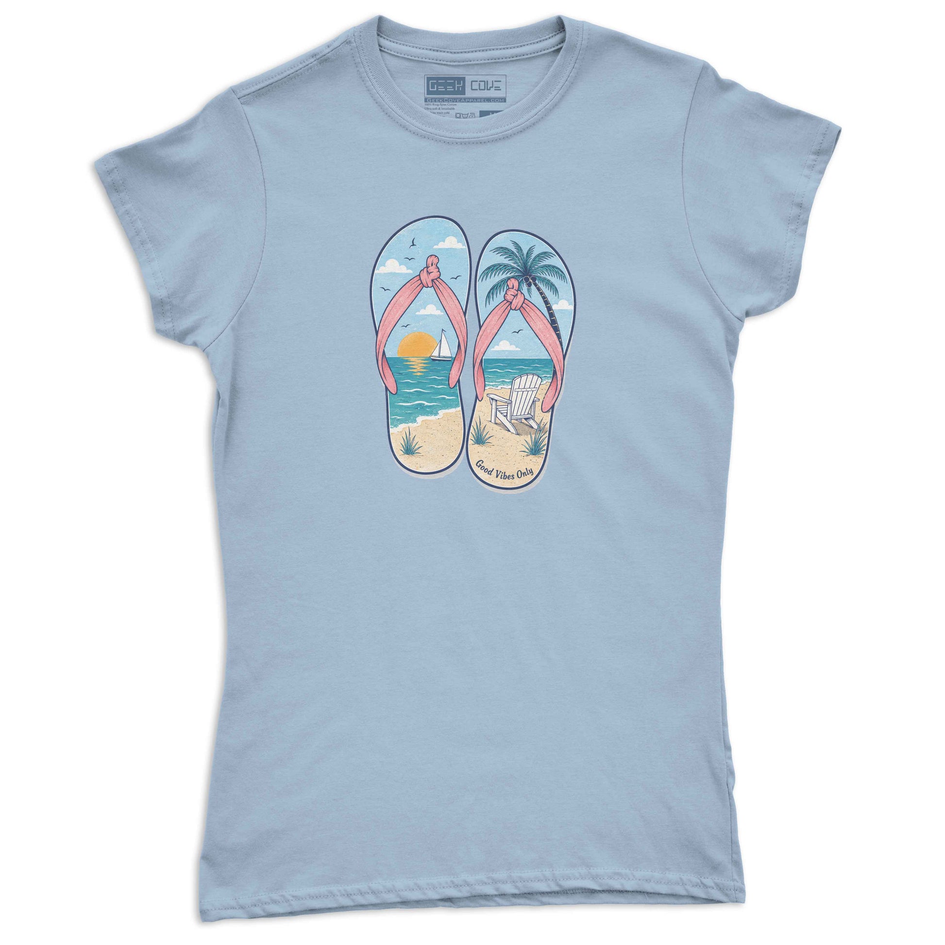 Tropical beach sandals T shirt for women with sunset, palm tree, sailboat, and coastal details