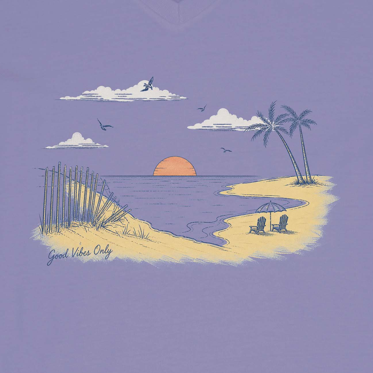 Coastal women V-neck T shirt with relaxing ocean sunset artwork and seaside vacation vibes
