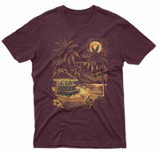 Tropical island t shirt with moonlight beach bar and palm tree design