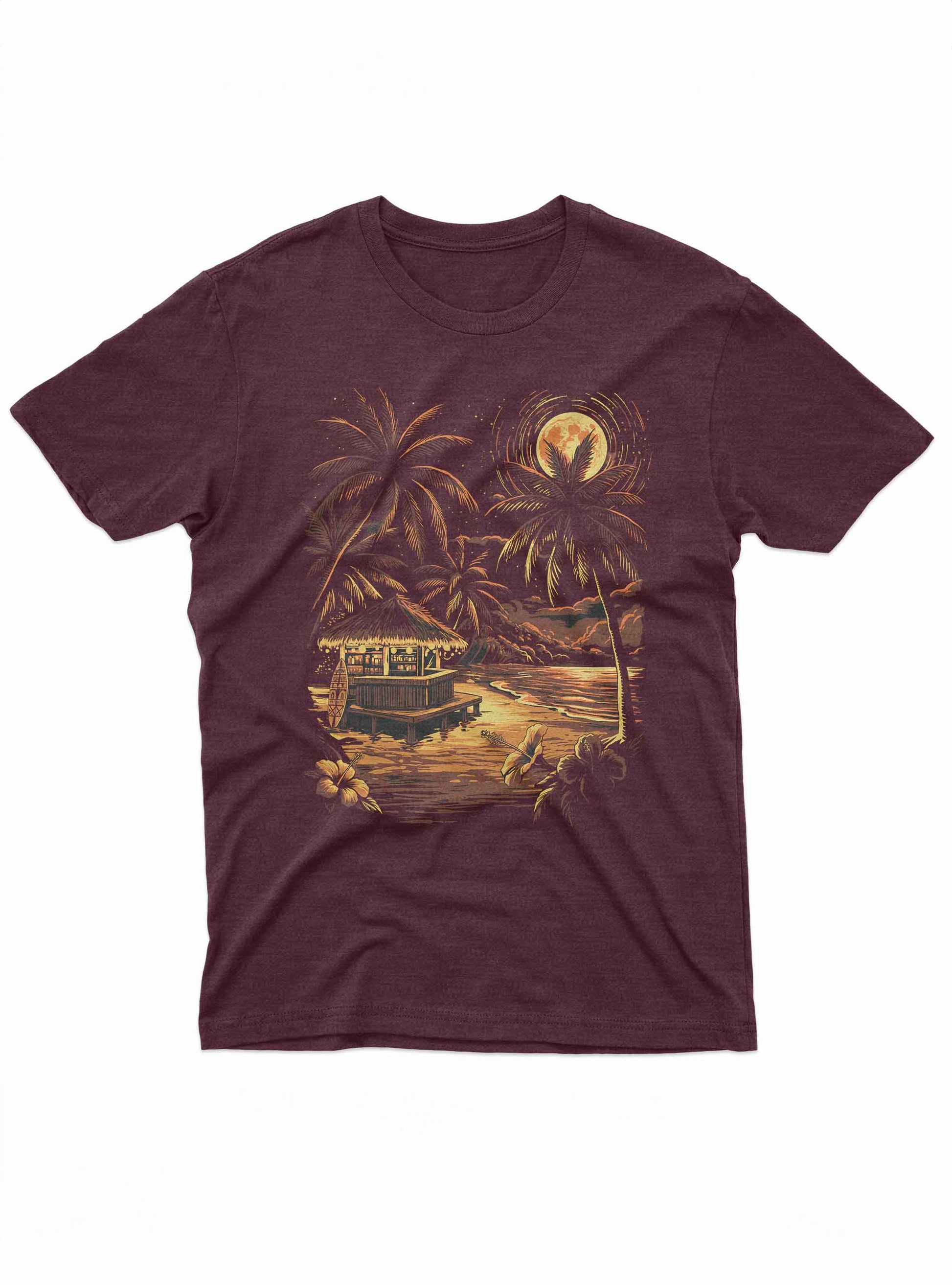 Tropical island t shirt with moonlight beach bar and palm tree design