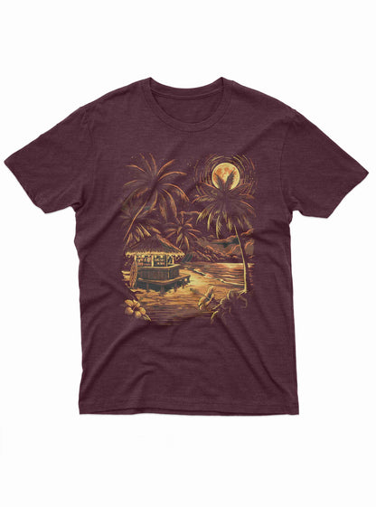 Tropical island t shirt with moonlight beach bar and palm tree design