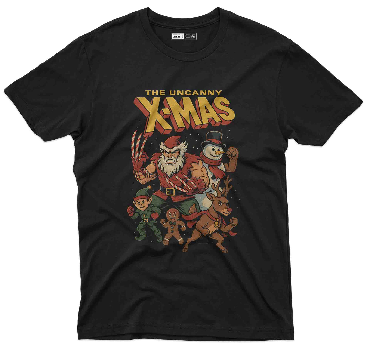funny uncanny x-mas christmas graphic tee with festive parody characters