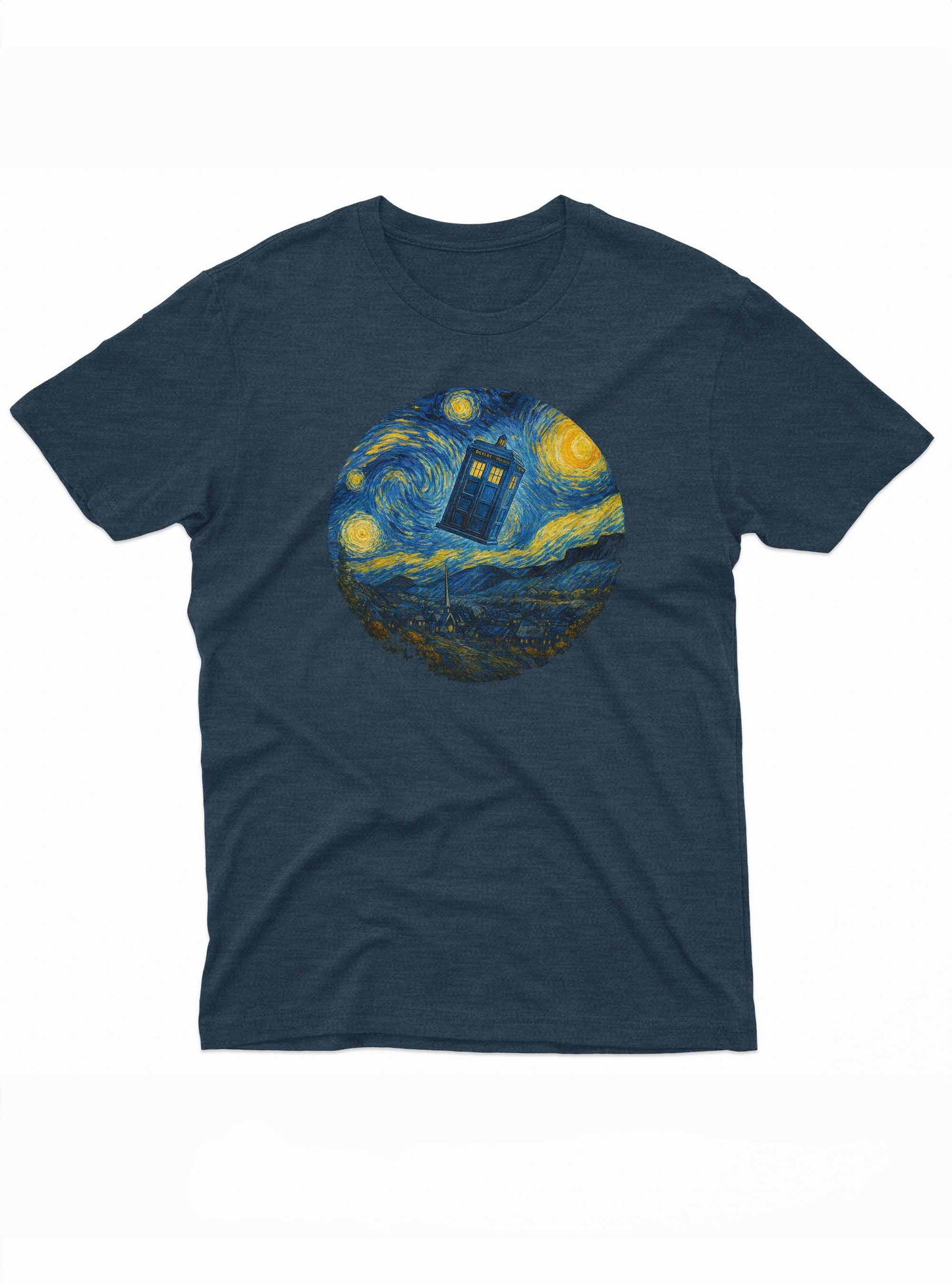 graphic tee design combining the iconic swirling night sky of starry night with a blue police box from doctor who at the center.