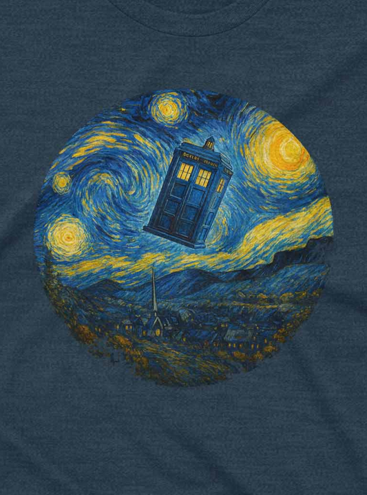 Whimsical combination of classic art and science fiction, this shirt features a blue police box drifting across a painted night sky.