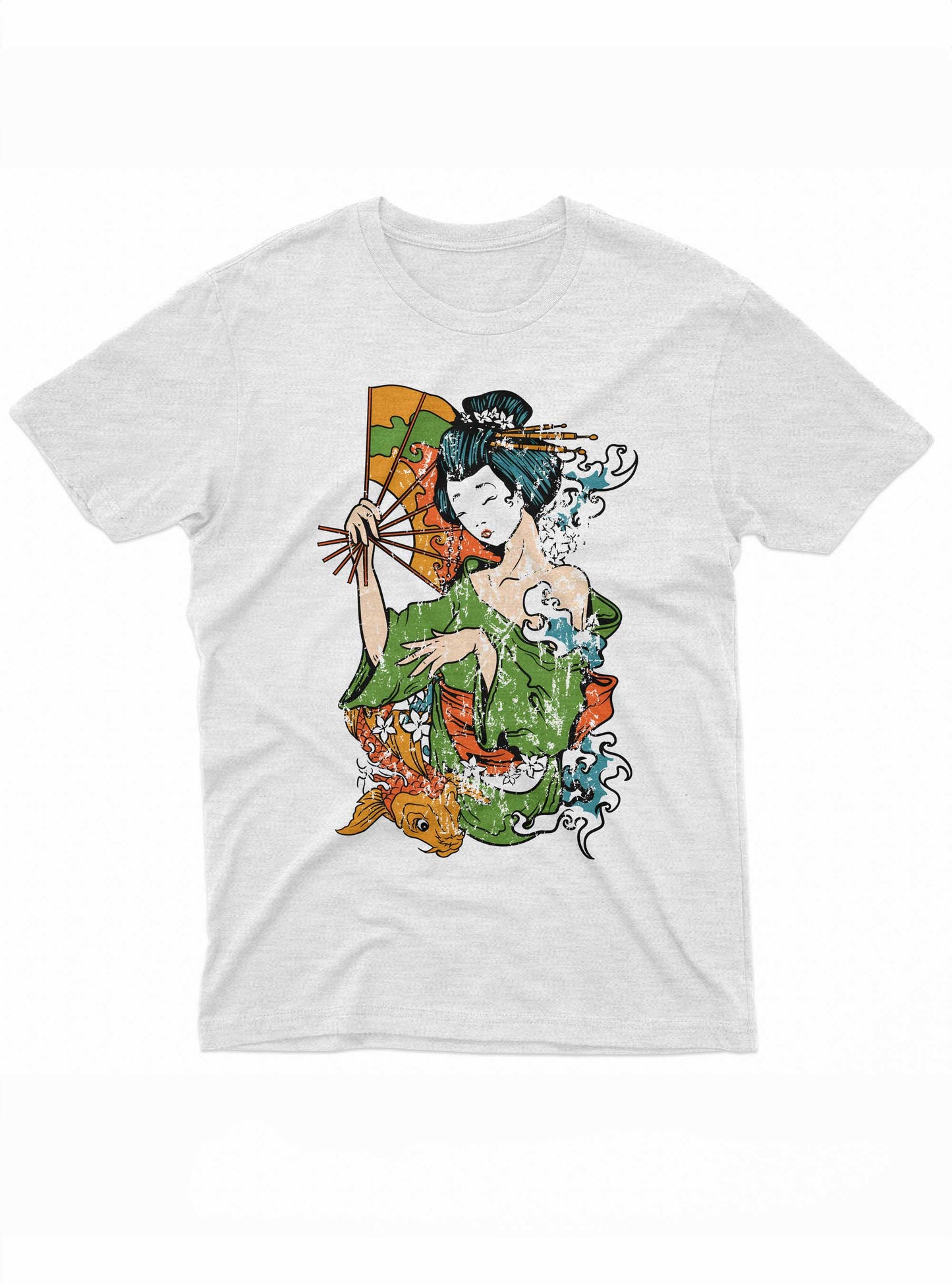 the image features a white t-shirt with a colorful design depicting a traditional japanese geisha. the geisha is illustrated in a vibrant green kimono, holding a fan, with flowing elements like waves and koi fish around her, set against a splattered paint background.