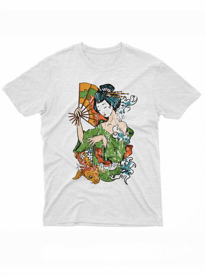 The image features a white t-shirt with a colorful design depicting a traditional Japanese Geisha. The Geisha is illustrated in a vibrant green kimono, holding a fan, with flowing elements like waves and koi fish around her, set against a splattered paint background.