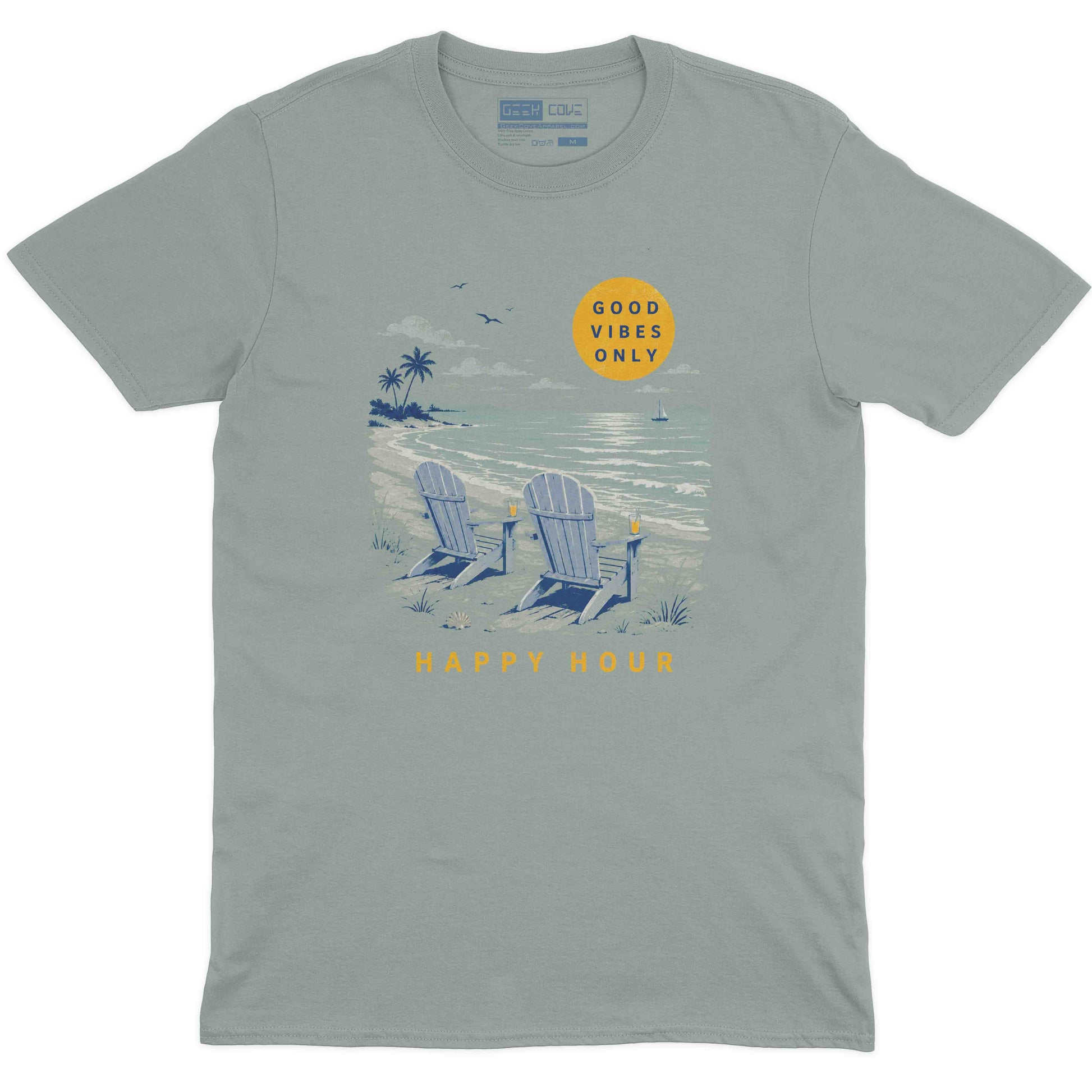 Vintage style beach graphic tee with ocean view, sunset, chairs, and Happy Hour lettering