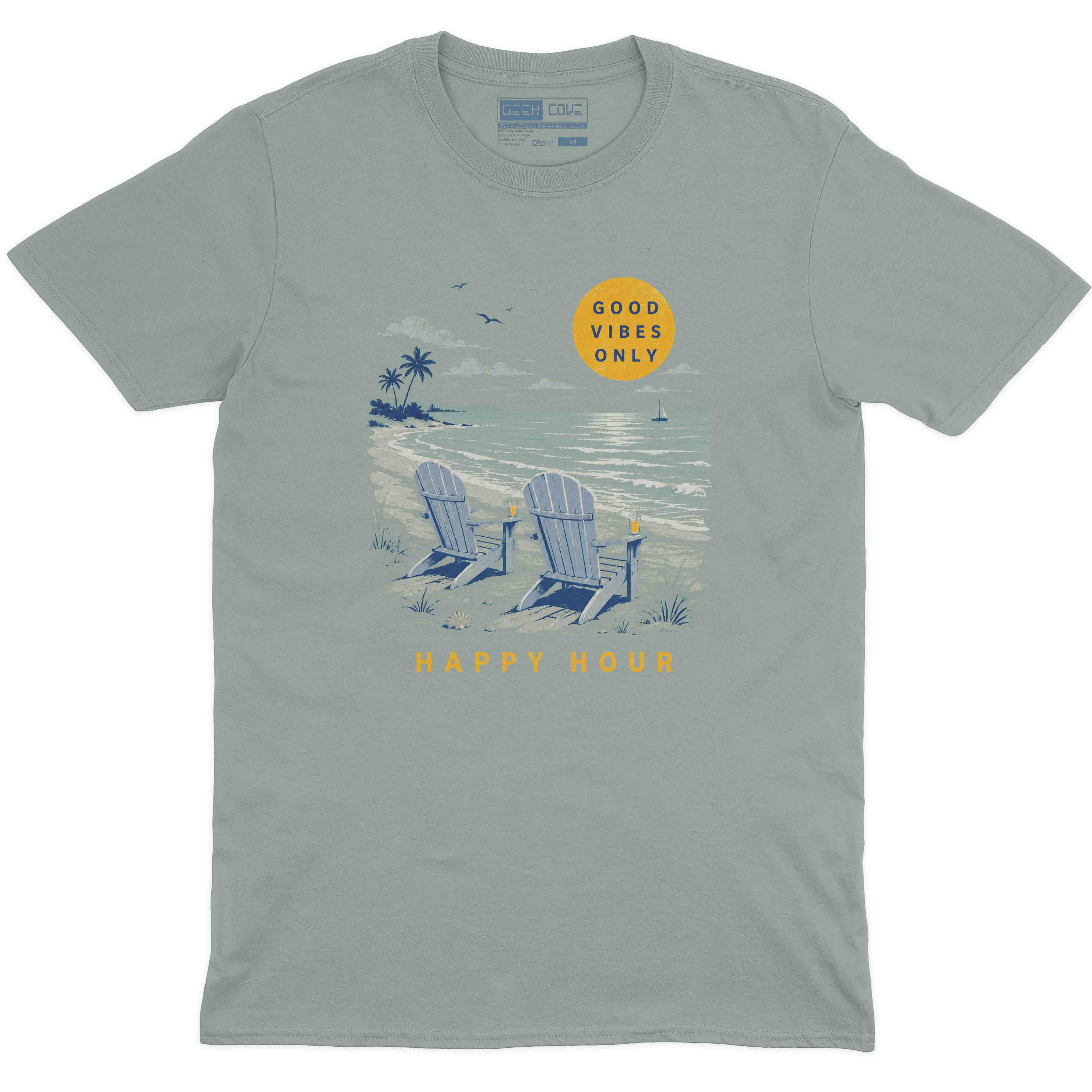 Vintage style beach graphic tee with ocean view, sunset, chairs, and Happy Hour lettering