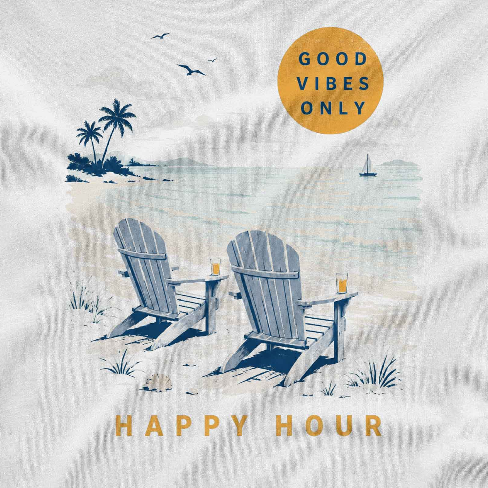 Vintage style men’s long sleeve shirt with ocean view, sunset, beach chairs, and Happy Hour lettering