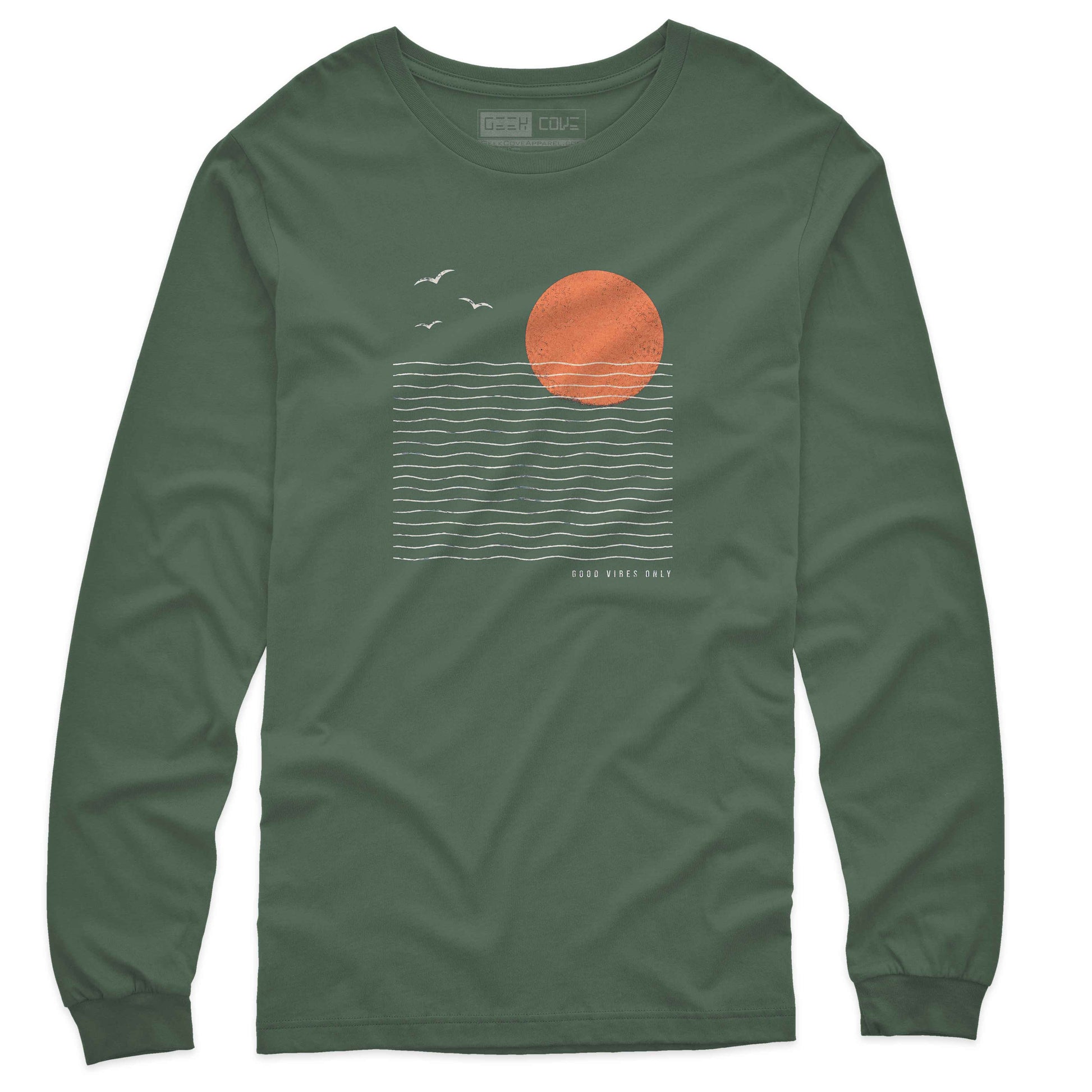 Good Vibes Only custom T shirt design with ocean waves, birds, and retro seaside artwork