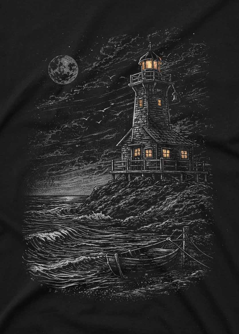 Custom t shirt with vintage lighthouse illustration and dark coastal scenery
