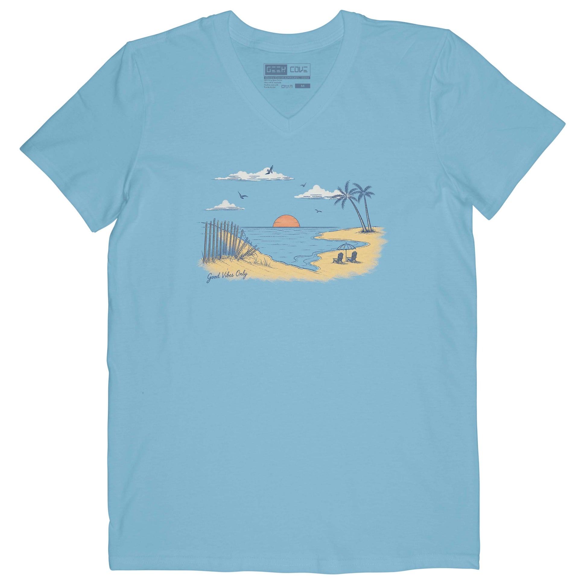 Women’s tropical V-neck graphic tee with calming coastal scenery and beach-inspired design