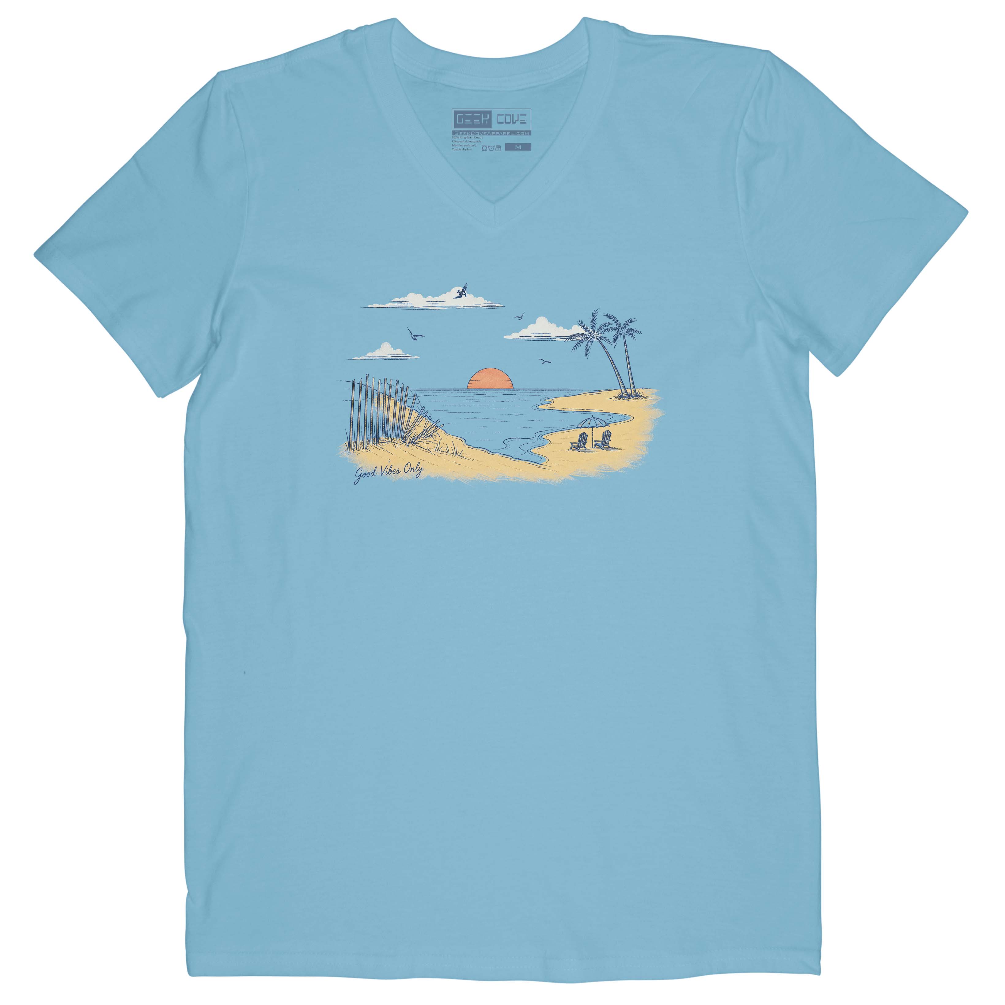 Women’s tropical V-neck graphic tee with calming coastal scenery and beach-inspired design