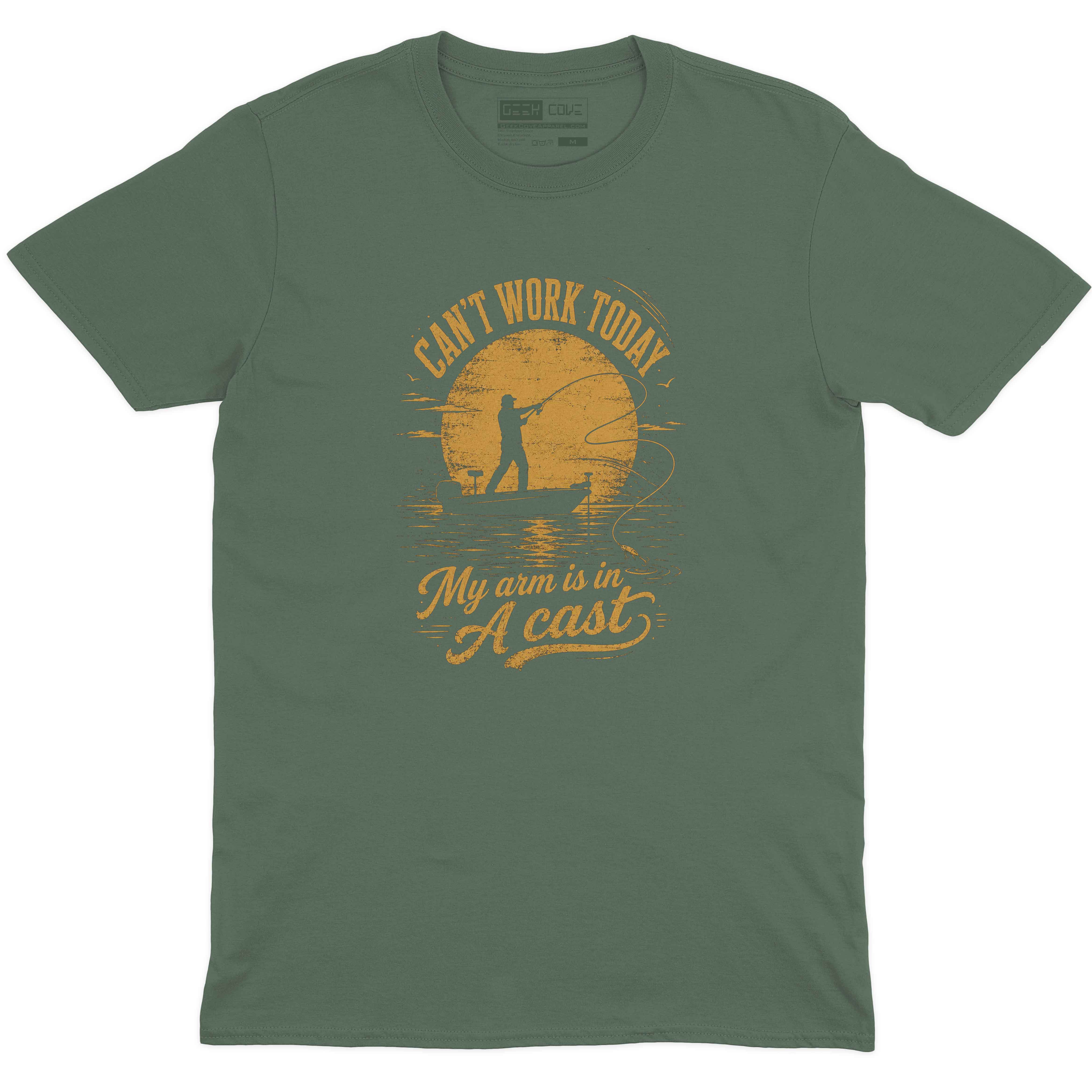 Men’s vintage fishing tee with yellow sunset and casting line graphic